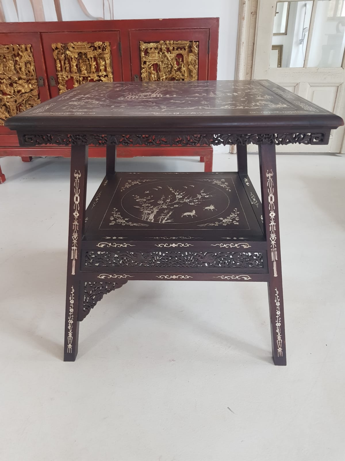 A Qing 19TH CENTURY CHINESE IVORY INLAID TWO TIER TABLE. 63 cm x 65 cm
