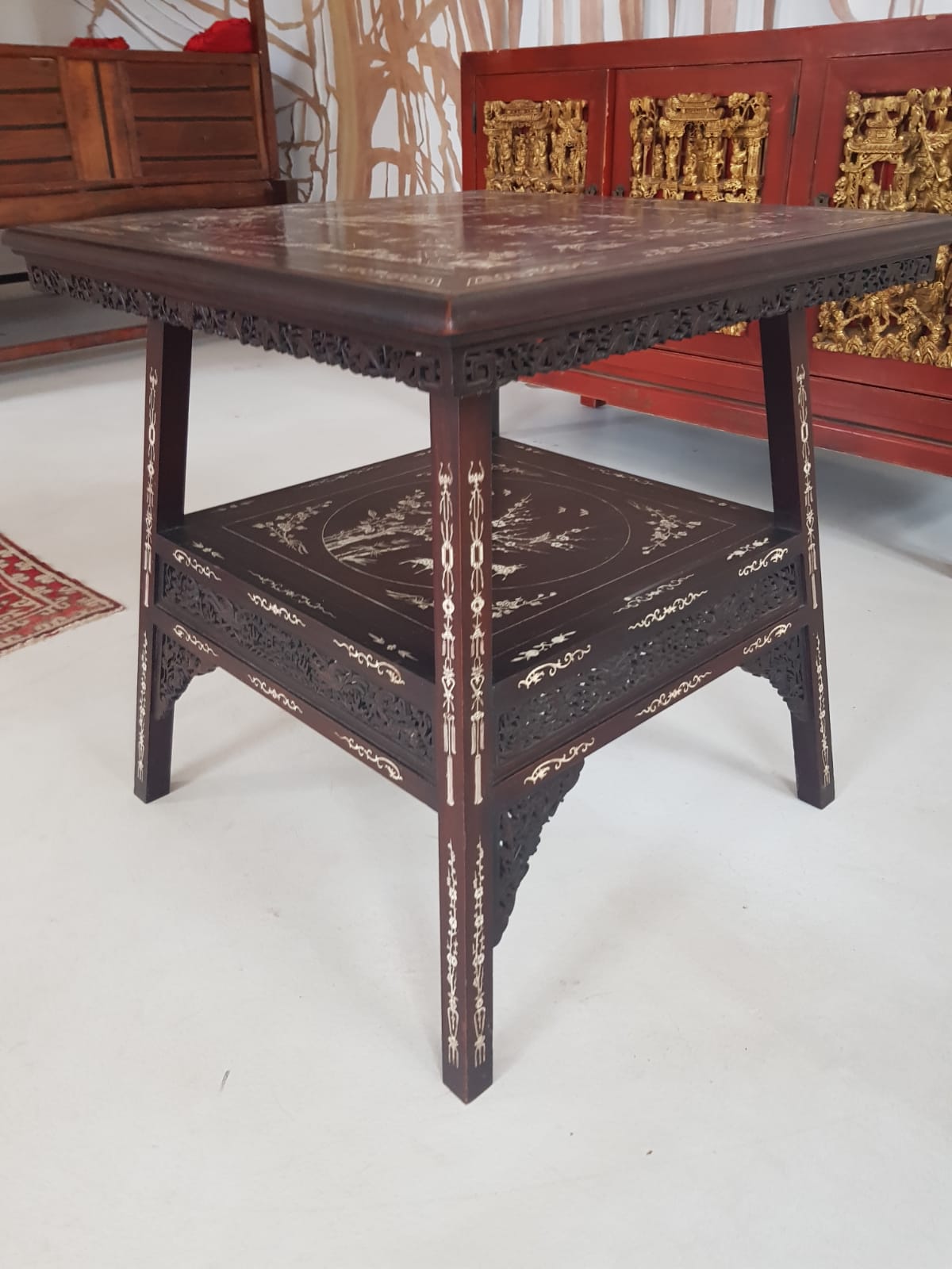 A Qing 19TH CENTURY CHINESE IVORY INLAID TWO TIER TABLE. 63 cm x 65 cm