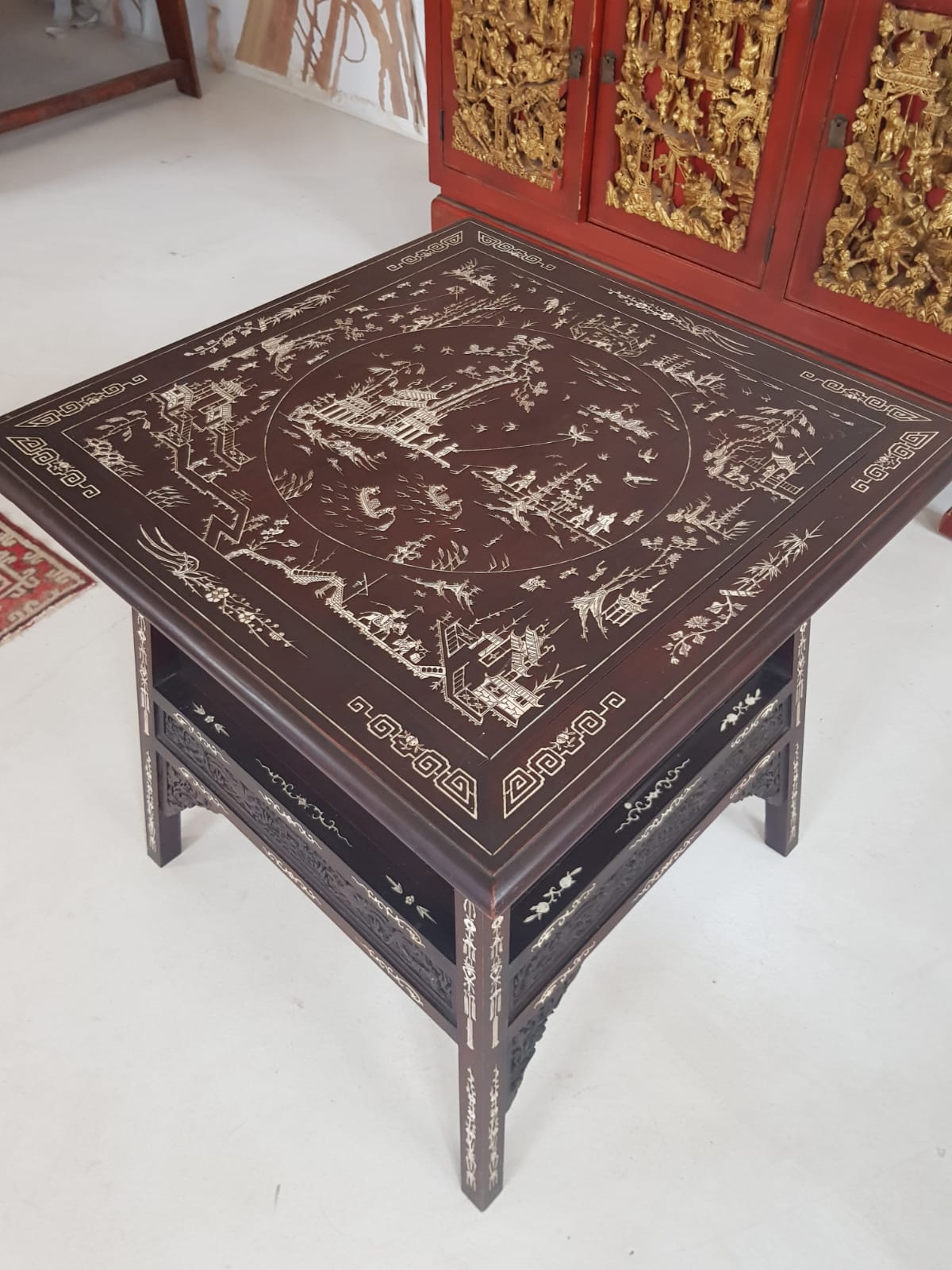 A Qing 19TH CENTURY CHINESE IVORY INLAID TWO TIER TABLE. 63 cm x 65 cm