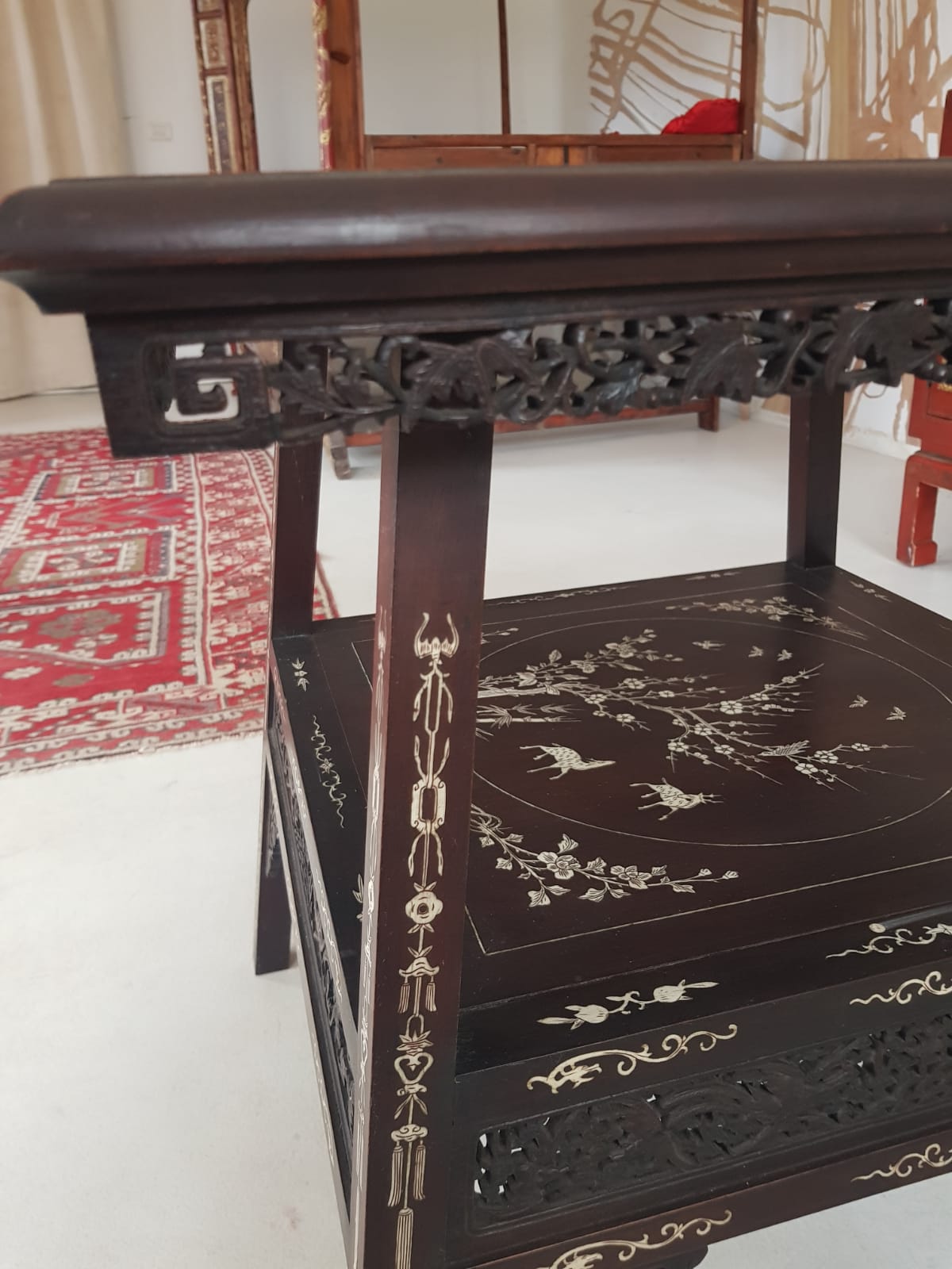 A Qing 19TH CENTURY CHINESE IVORY INLAID TWO TIER TABLE. 63 cm x 65 cm