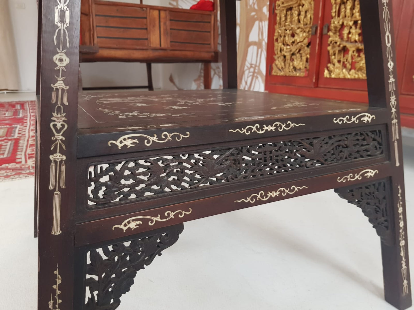 A Qing 19TH CENTURY CHINESE IVORY INLAID TWO TIER TABLE. 63 cm x 65 cm