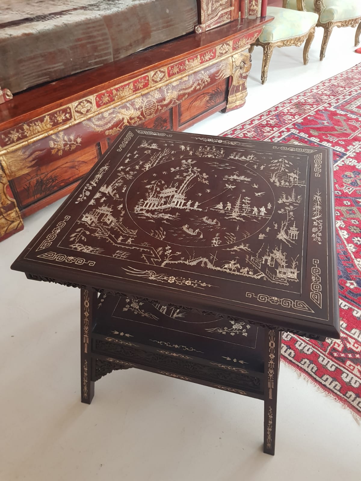 A Qing 19TH CENTURY CHINESE IVORY INLAID TWO TIER TABLE. 63 cm x 65 cm