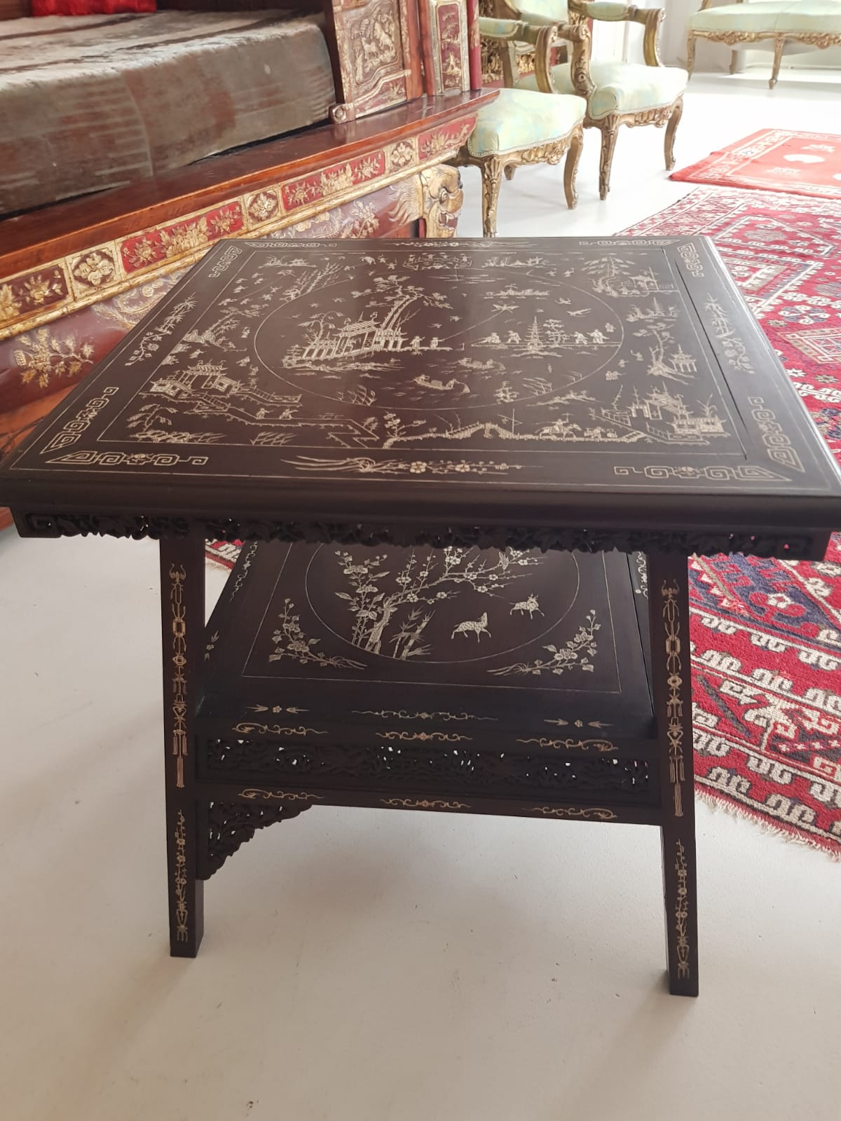 A Qing 19TH CENTURY CHINESE IVORY INLAID TWO TIER TABLE. 63 cm x 65 cm