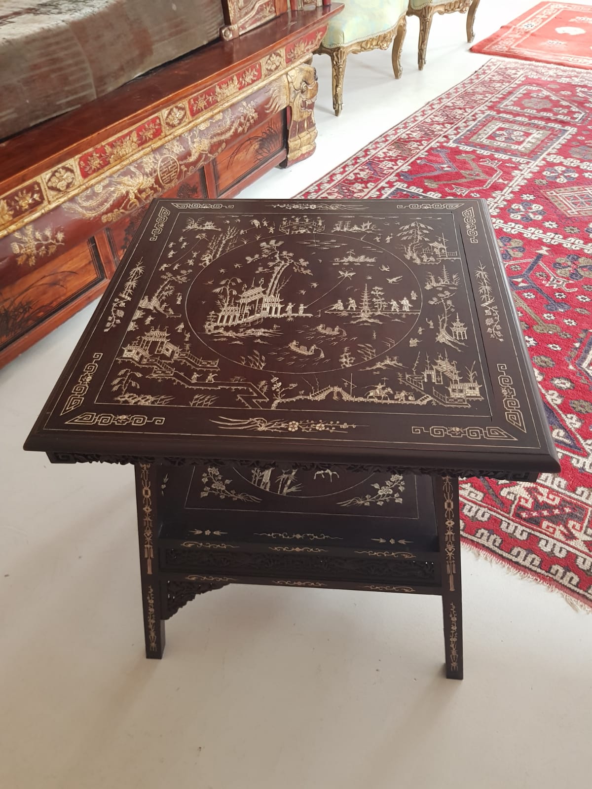 A Qing 19TH CENTURY CHINESE IVORY INLAID TWO TIER TABLE. 63 cm x 65 cm