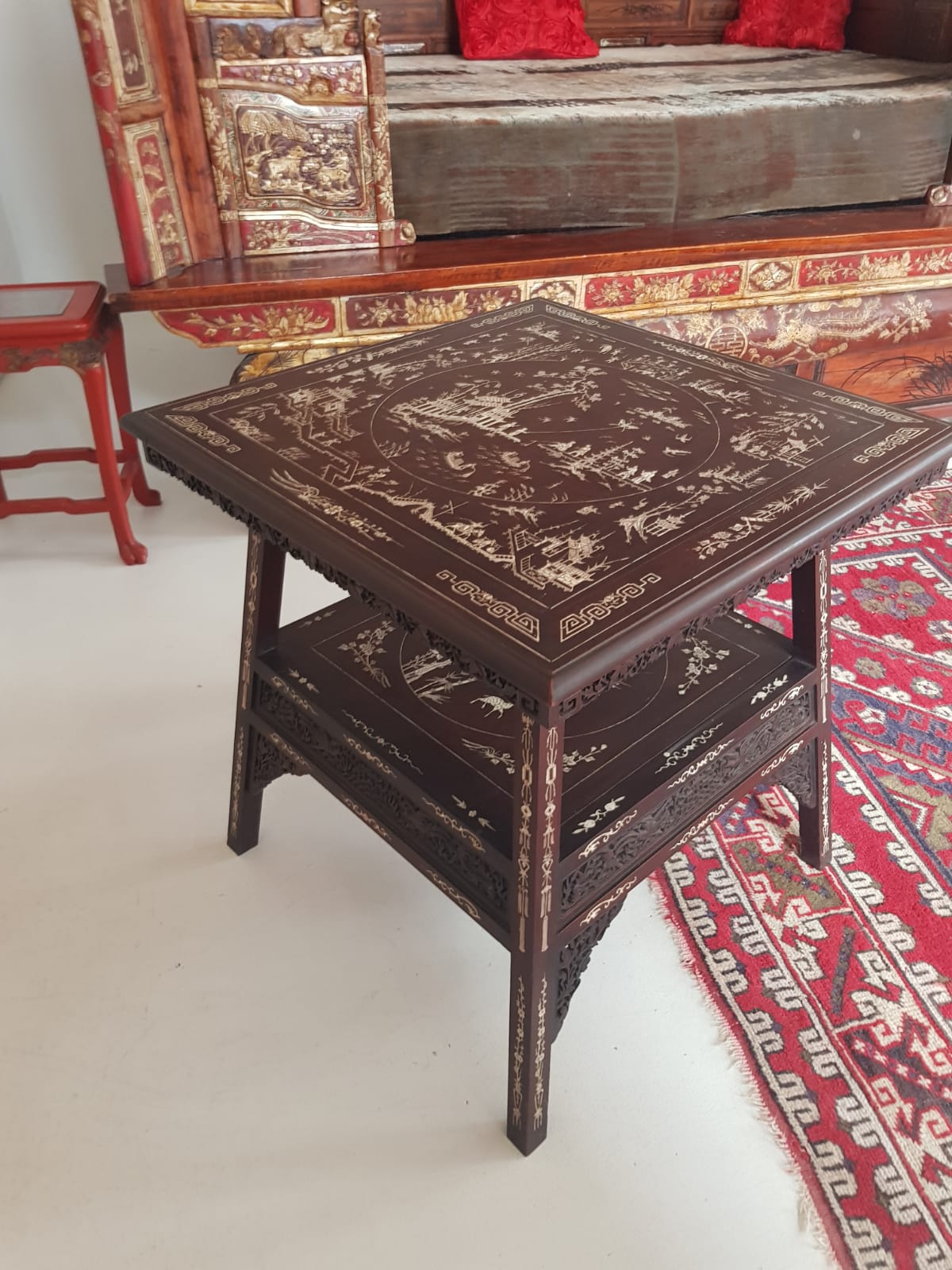 A Qing 19TH CENTURY CHINESE IVORY INLAID TWO TIER TABLE. 63 cm x 65 cm