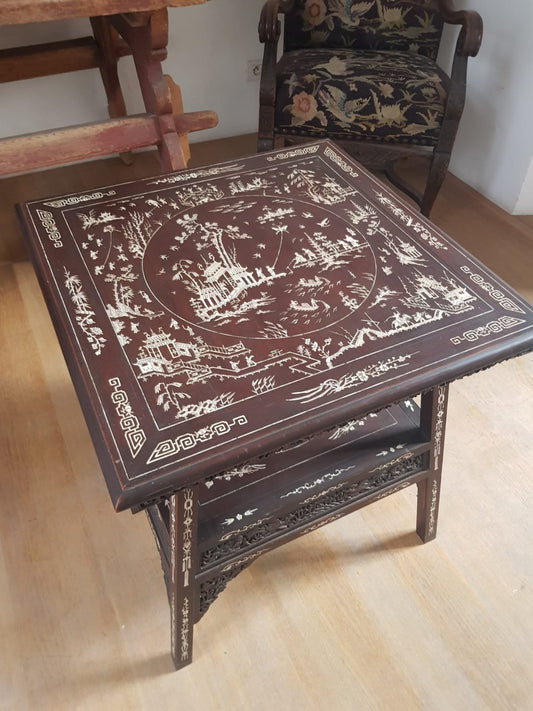 A Qing 19TH CENTURY CHINESE IVORY INLAID TWO TIER TABLE. 63 cm x 65 cm