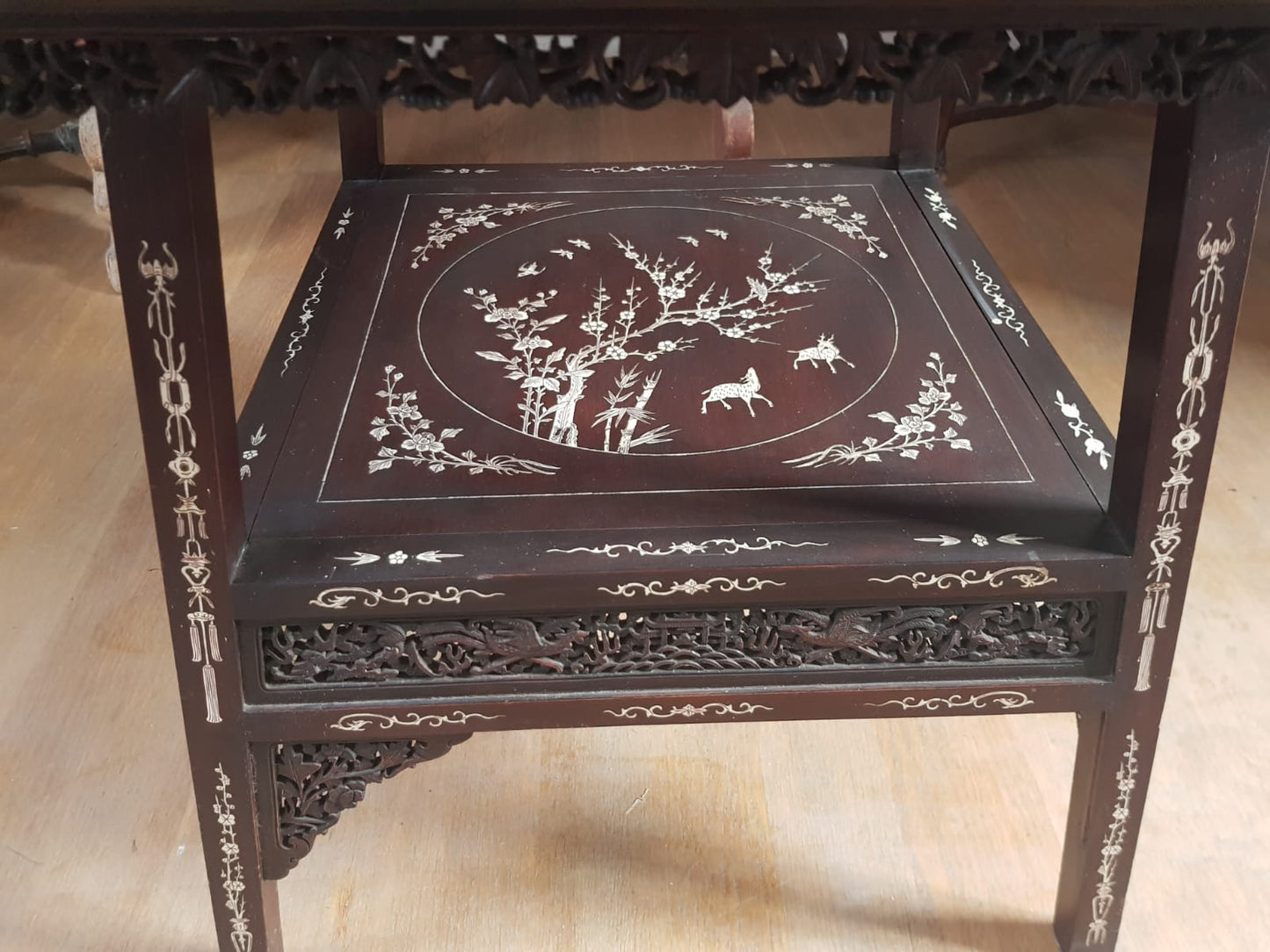 A Qing 19TH CENTURY CHINESE IVORY INLAID TWO TIER TABLE. 63 cm x 65 cm
