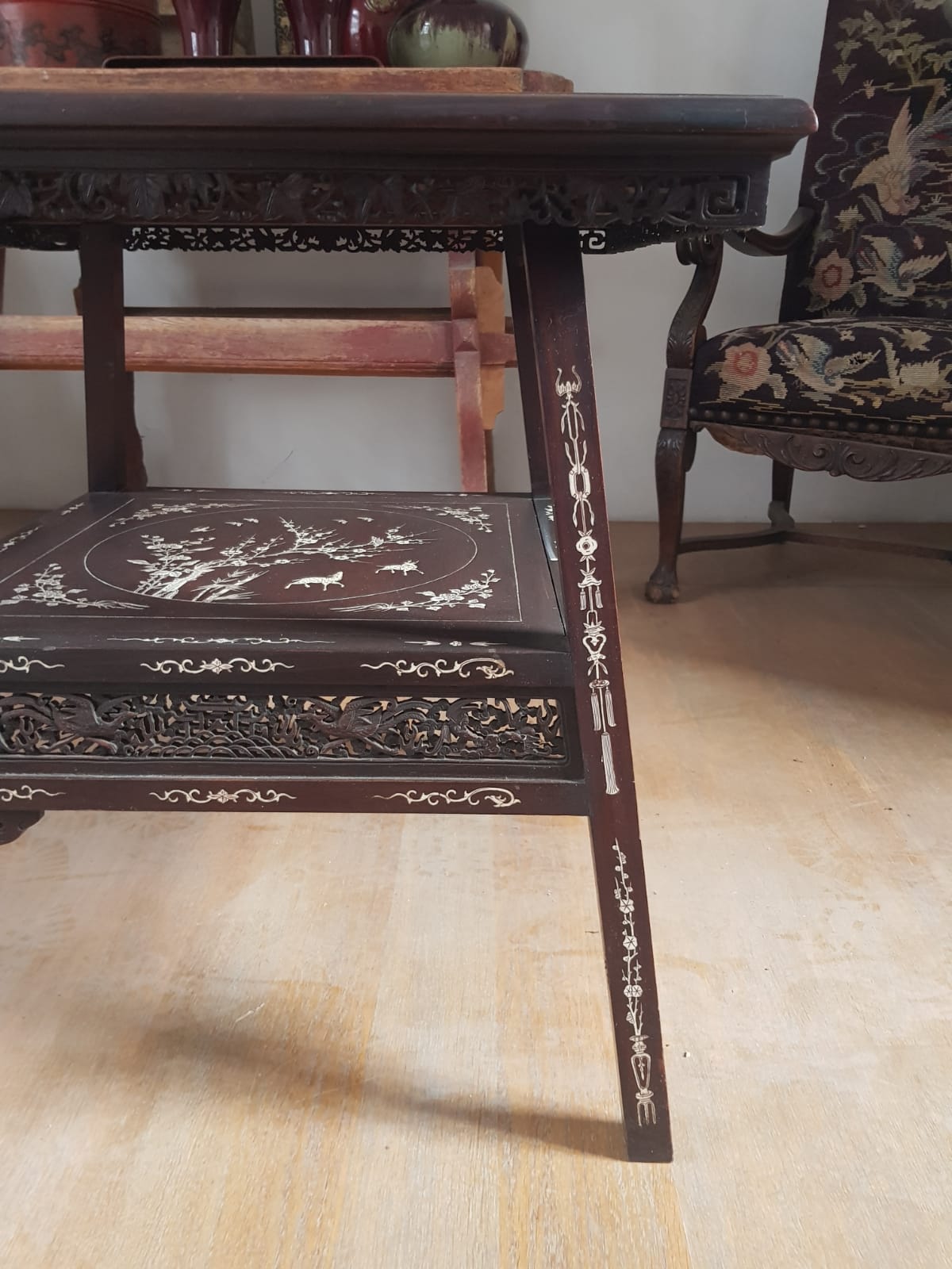 A Qing 19TH CENTURY CHINESE IVORY INLAID TWO TIER TABLE. 63 cm x 65 cm