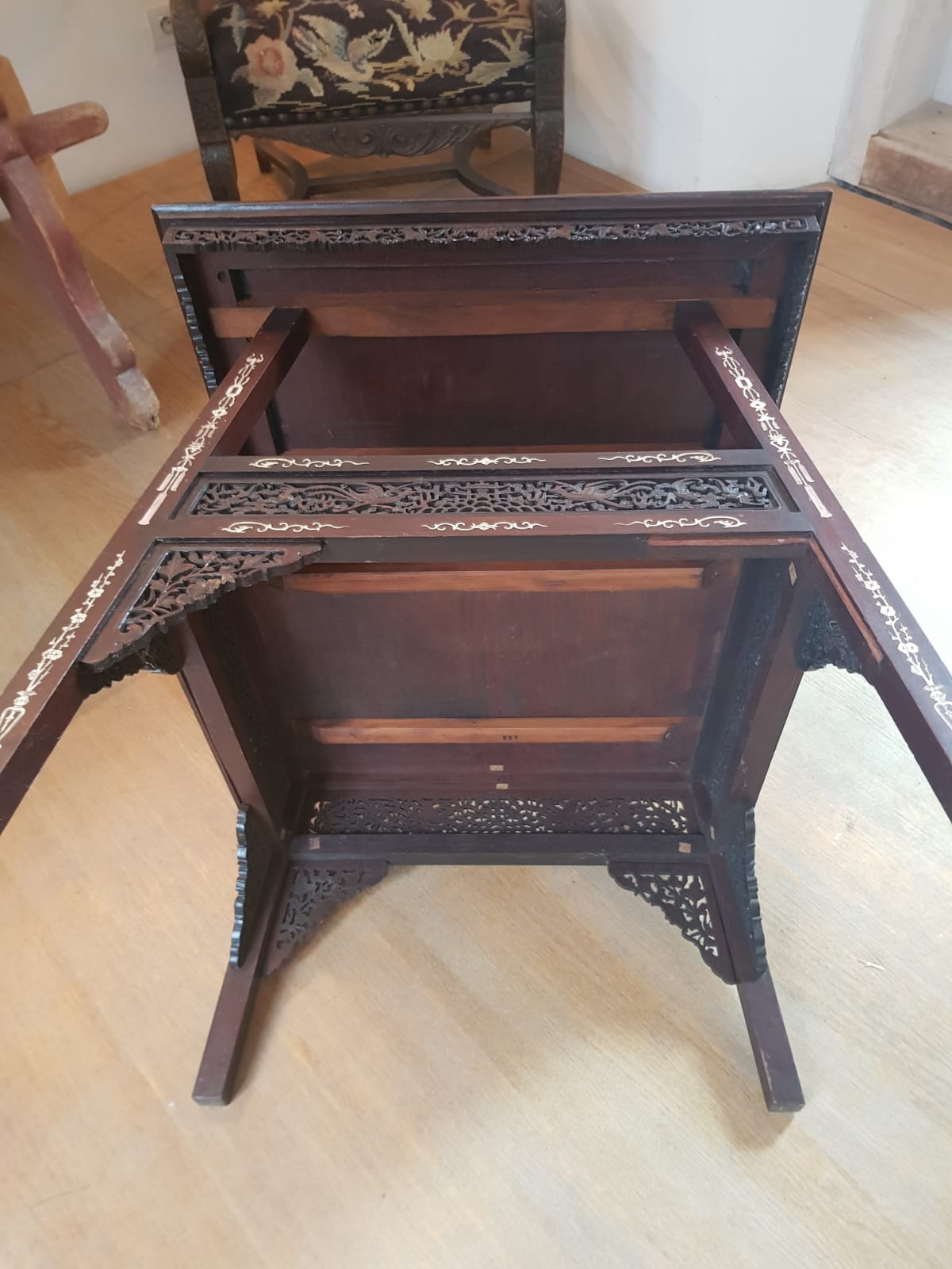 A Qing 19TH CENTURY CHINESE IVORY INLAID TWO TIER TABLE. 63 cm x 65 cm