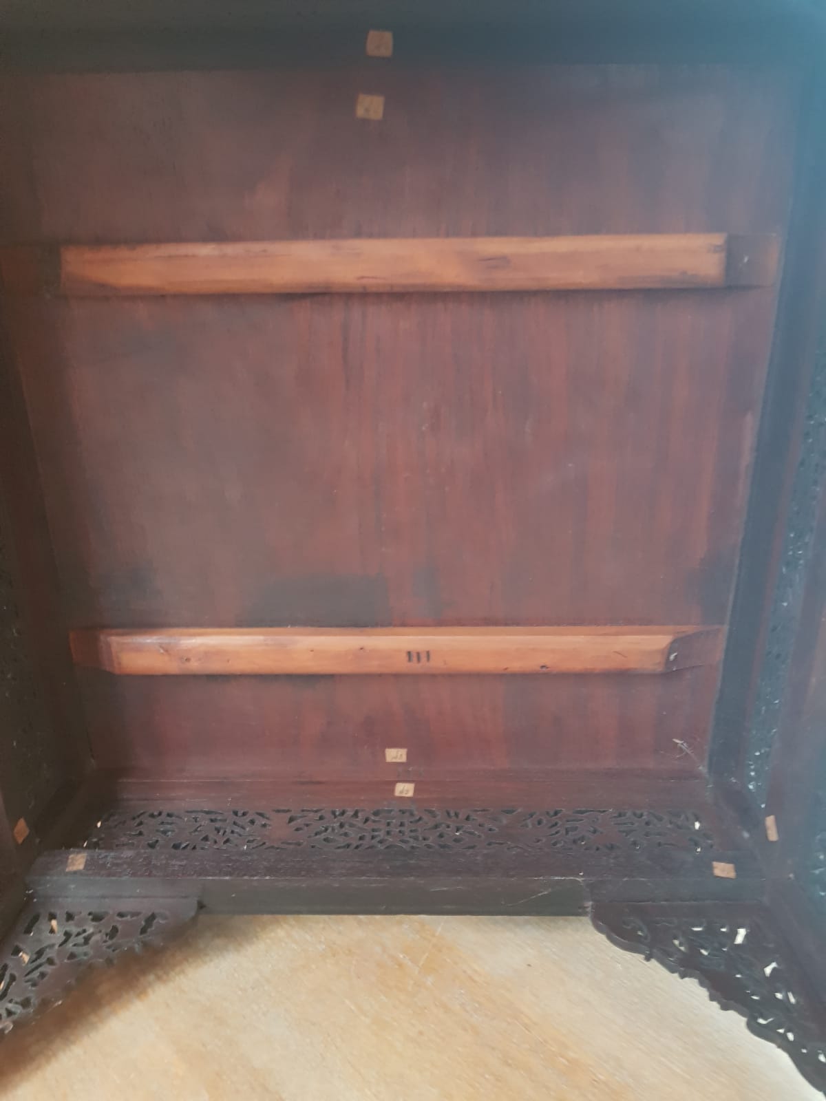 A Qing 19TH CENTURY CHINESE IVORY INLAID TWO TIER TABLE. 63 cm x 65 cm