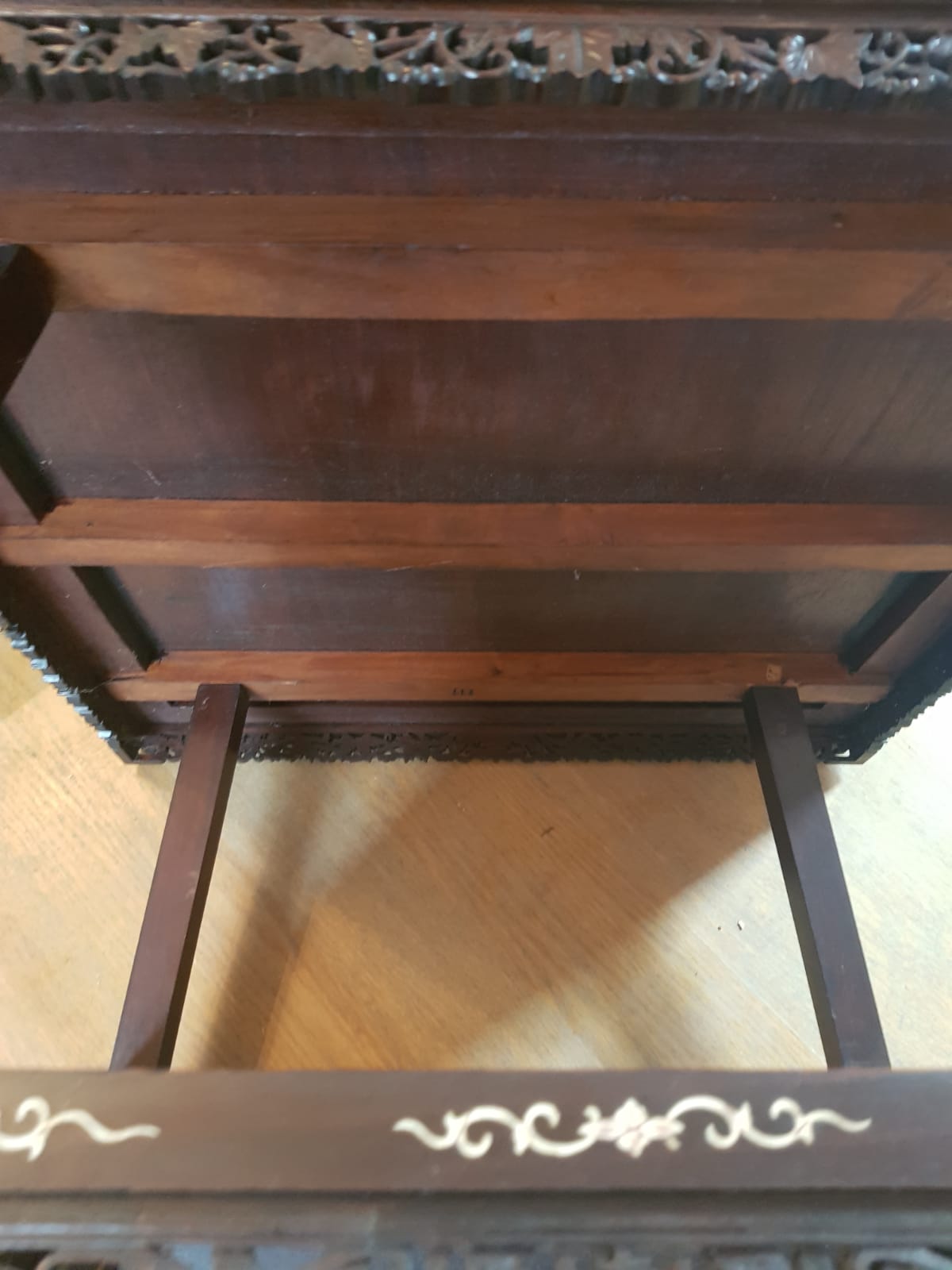 A Qing 19TH CENTURY CHINESE IVORY INLAID TWO TIER TABLE. 63 cm x 65 cm