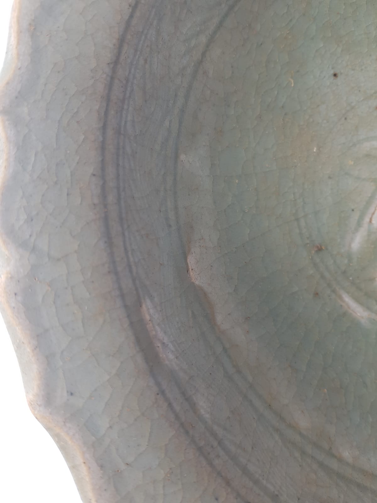 Antique Thai Sawankhalok Celadon Foliate Rim Dish (14th–16th Century)