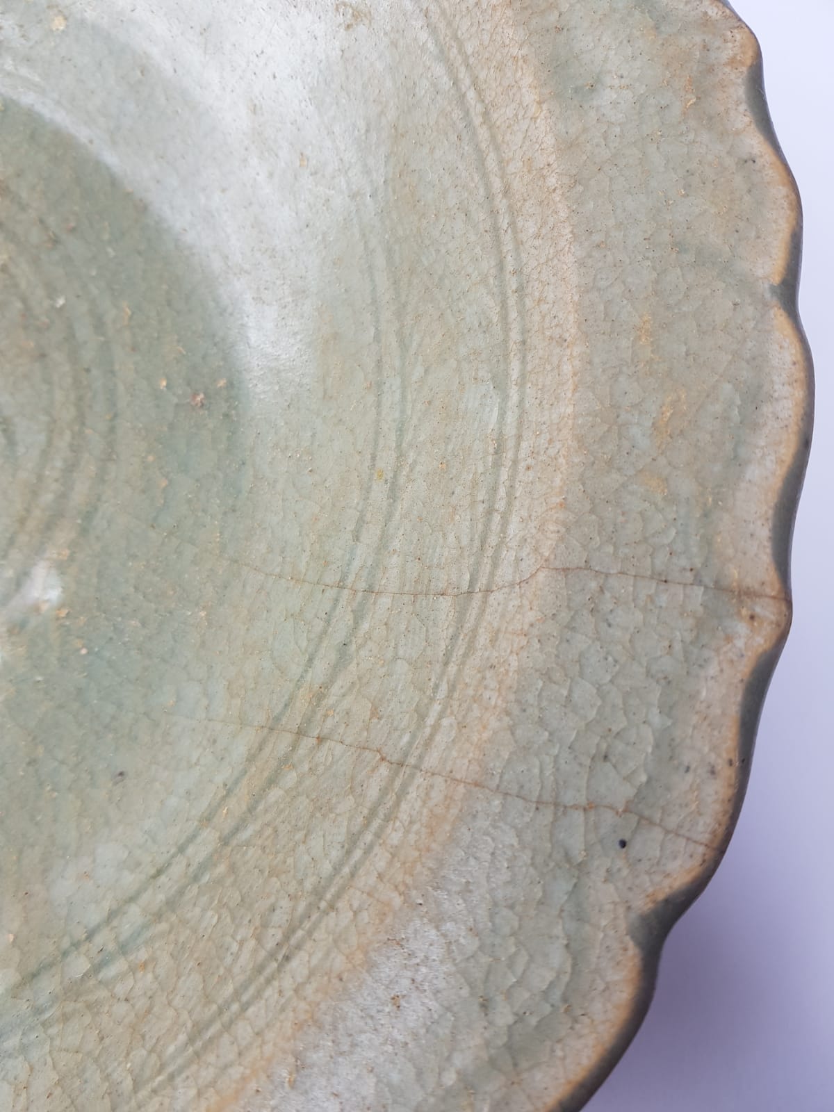 Antique Thai Sawankhalok Celadon Foliate Rim Dish (14th–16th Century)
