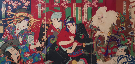 Utagawa Kuniume (1884) Original Japanese Woodblock Print Triptych - Kabuki Play: Sukeroku, Ukiyo-e, Meiji Period