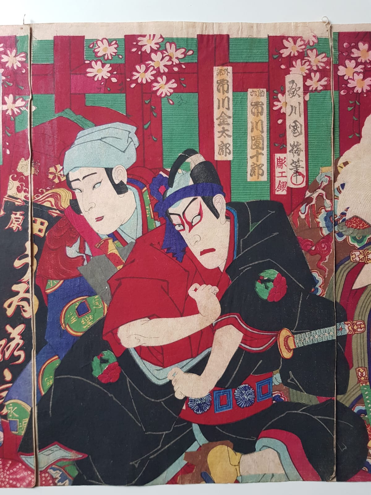 Utagawa Kuniume (1884) Original Japanese Woodblock Print Triptych - Kabuki Play: Sukeroku, Ukiyo-e, Meiji Period