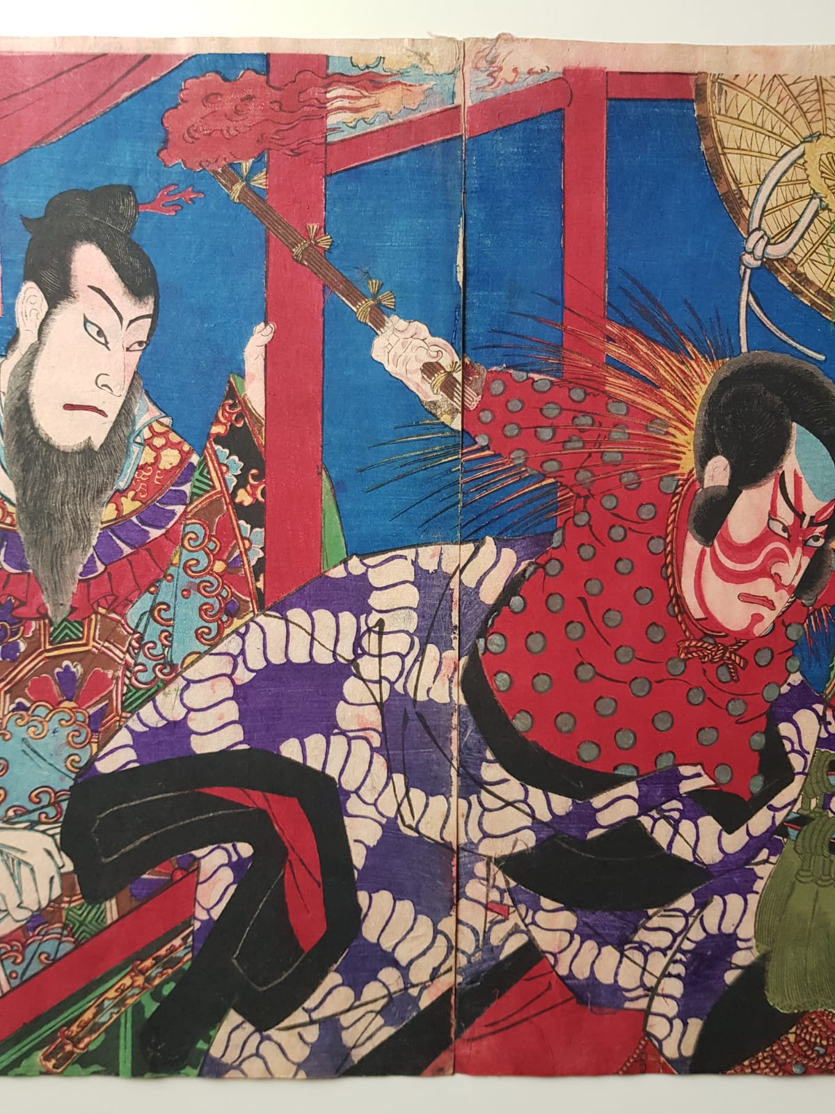 Antique Ukiyo-e Triptych by Toyohara Kunichika: Ichikawa Danjuro IX as Watonai in Kokusen'ya Gassen