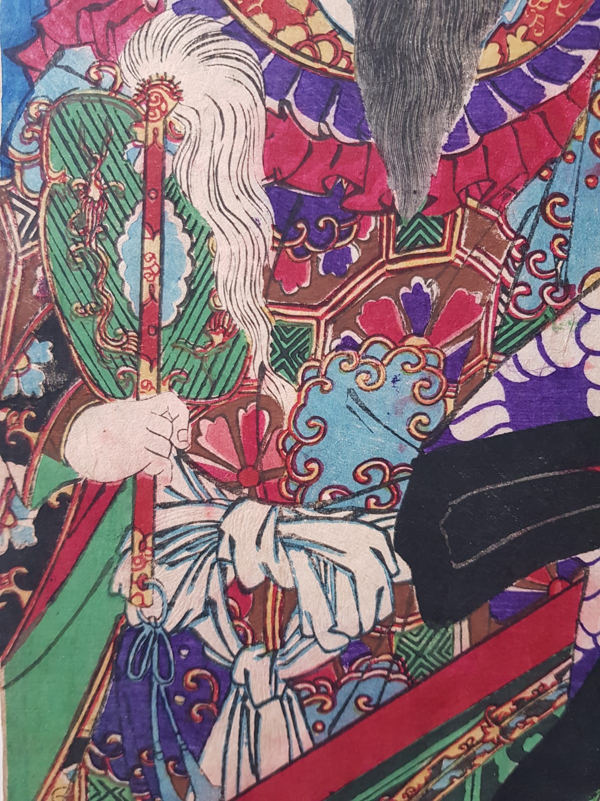 Antique Ukiyo-e Triptych by Toyohara Kunichika: Ichikawa Danjuro IX as Watonai in Kokusen'ya Gassen