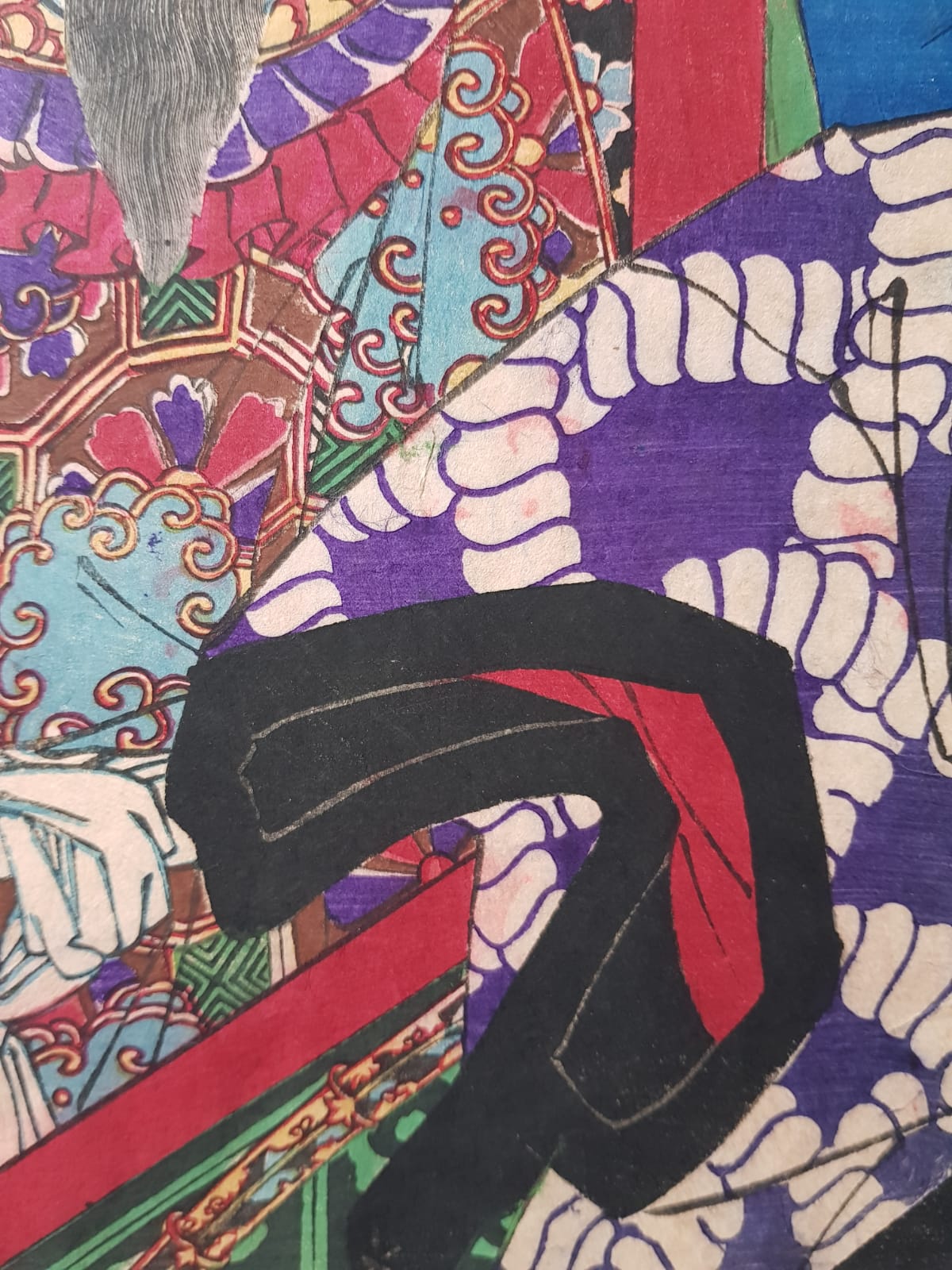 Antique Ukiyo-e Triptych by Toyohara Kunichika: Ichikawa Danjuro IX as Watonai in Kokusen'ya Gassen