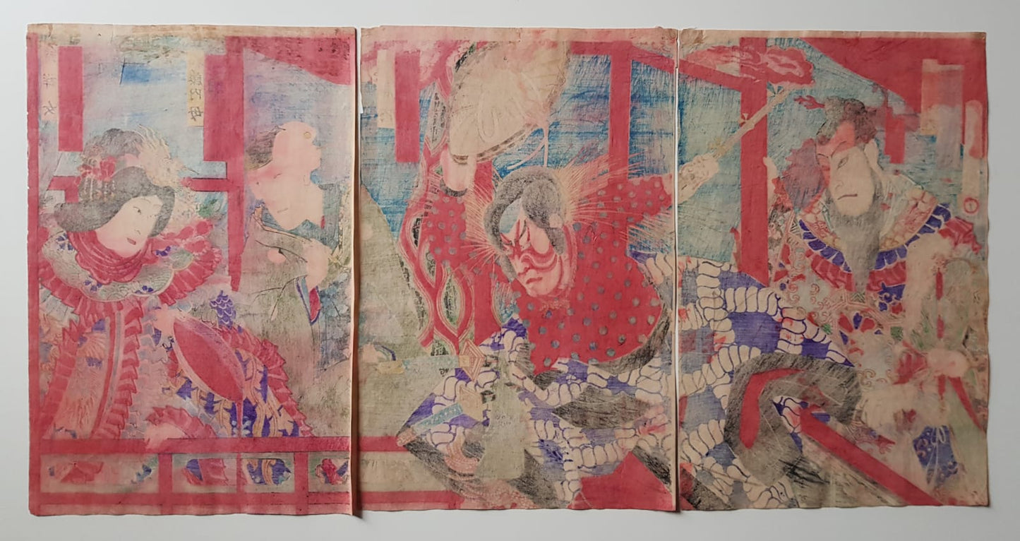 Antique Ukiyo-e Triptych by Toyohara Kunichika: Ichikawa Danjuro IX as Watonai in Kokusen'ya Gassen