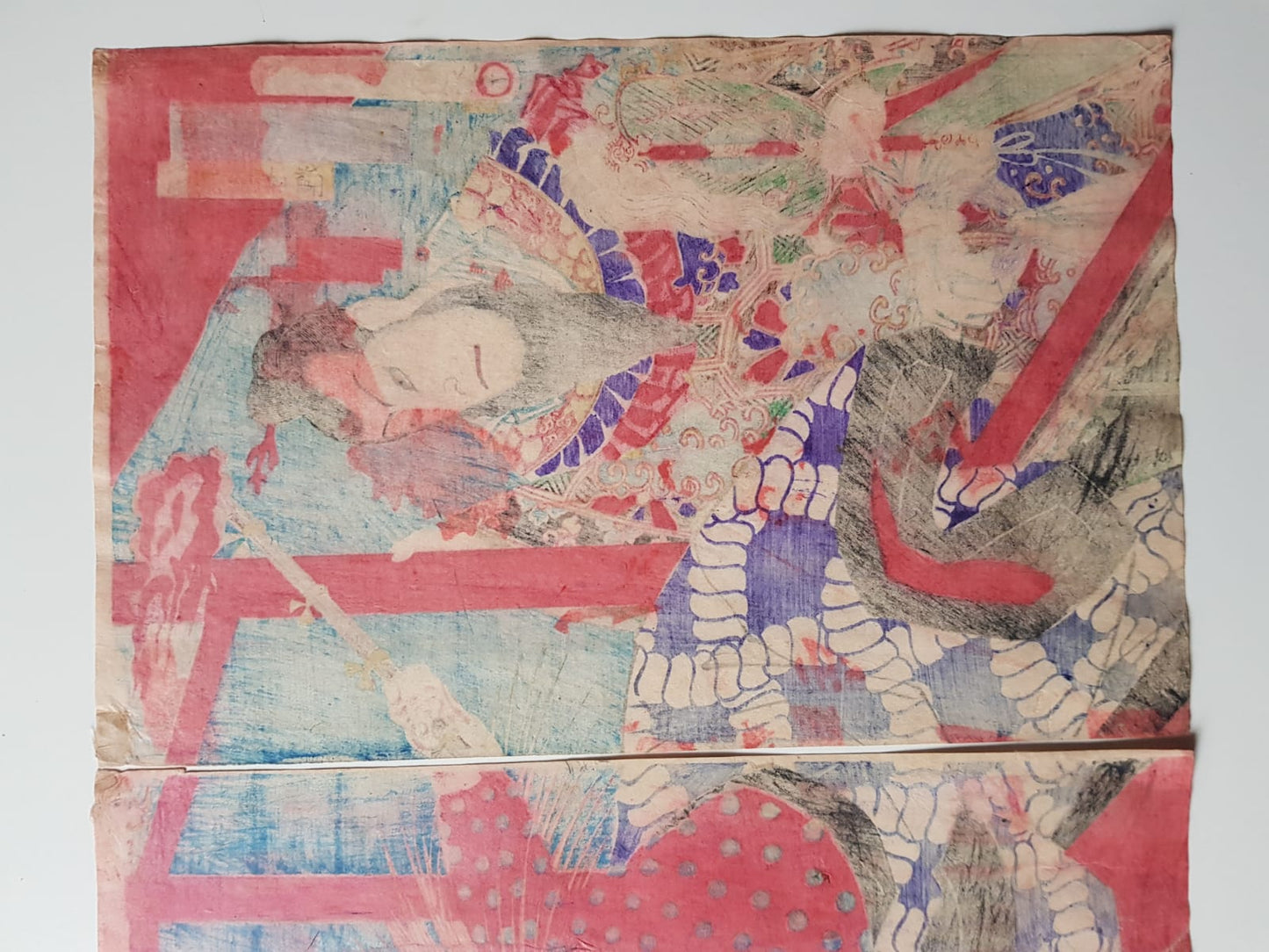 Antique Ukiyo-e Triptych by Toyohara Kunichika: Ichikawa Danjuro IX as Watonai in Kokusen'ya Gassen