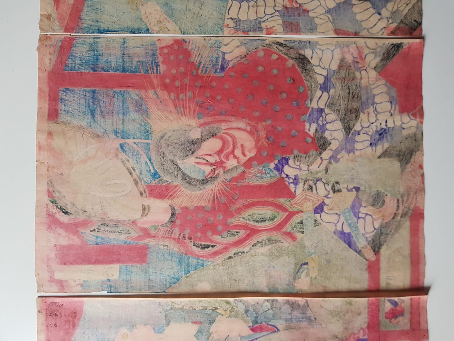 Antique Ukiyo-e Triptych by Toyohara Kunichika: Ichikawa Danjuro IX as Watonai in Kokusen'ya Gassen