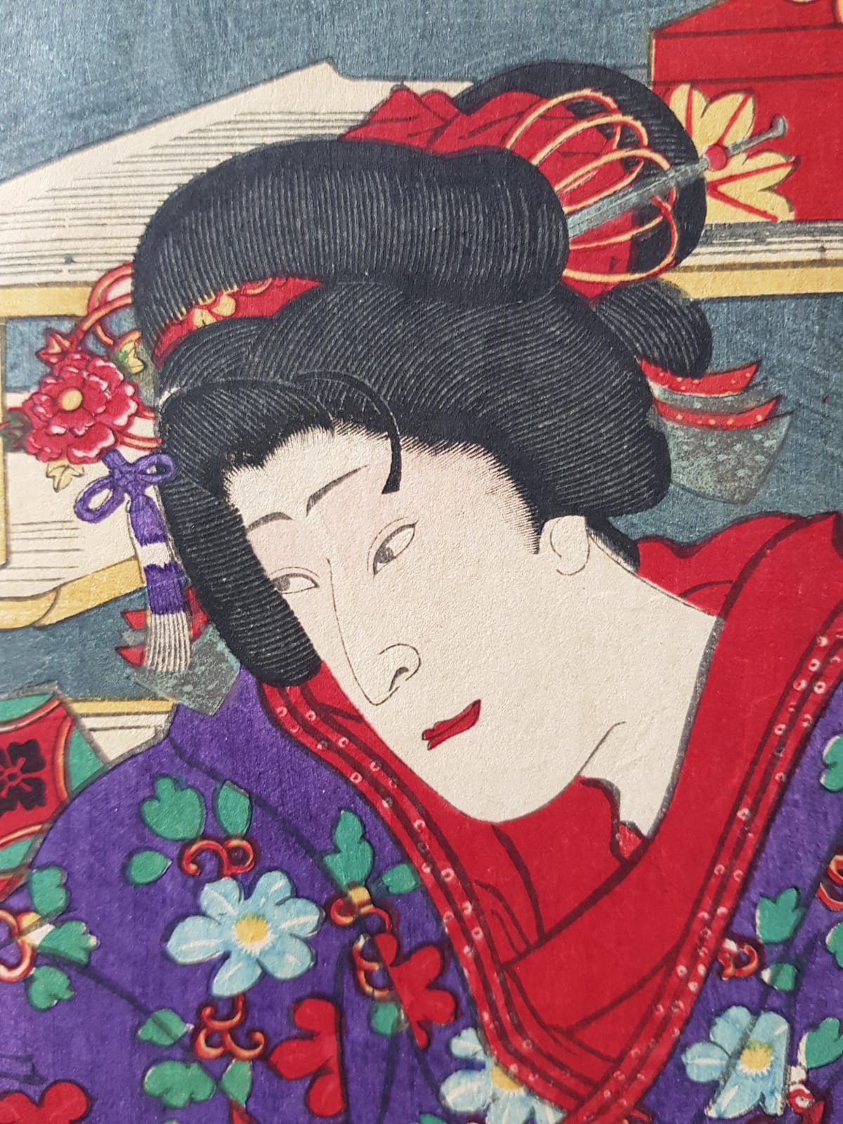 Toyohara Kunichika: Kabuki Play "New Kyogen Gion-machi Geishiya-no-ba" (1875) – Ukiyo-e Triptych, Woodblock, Meji Period