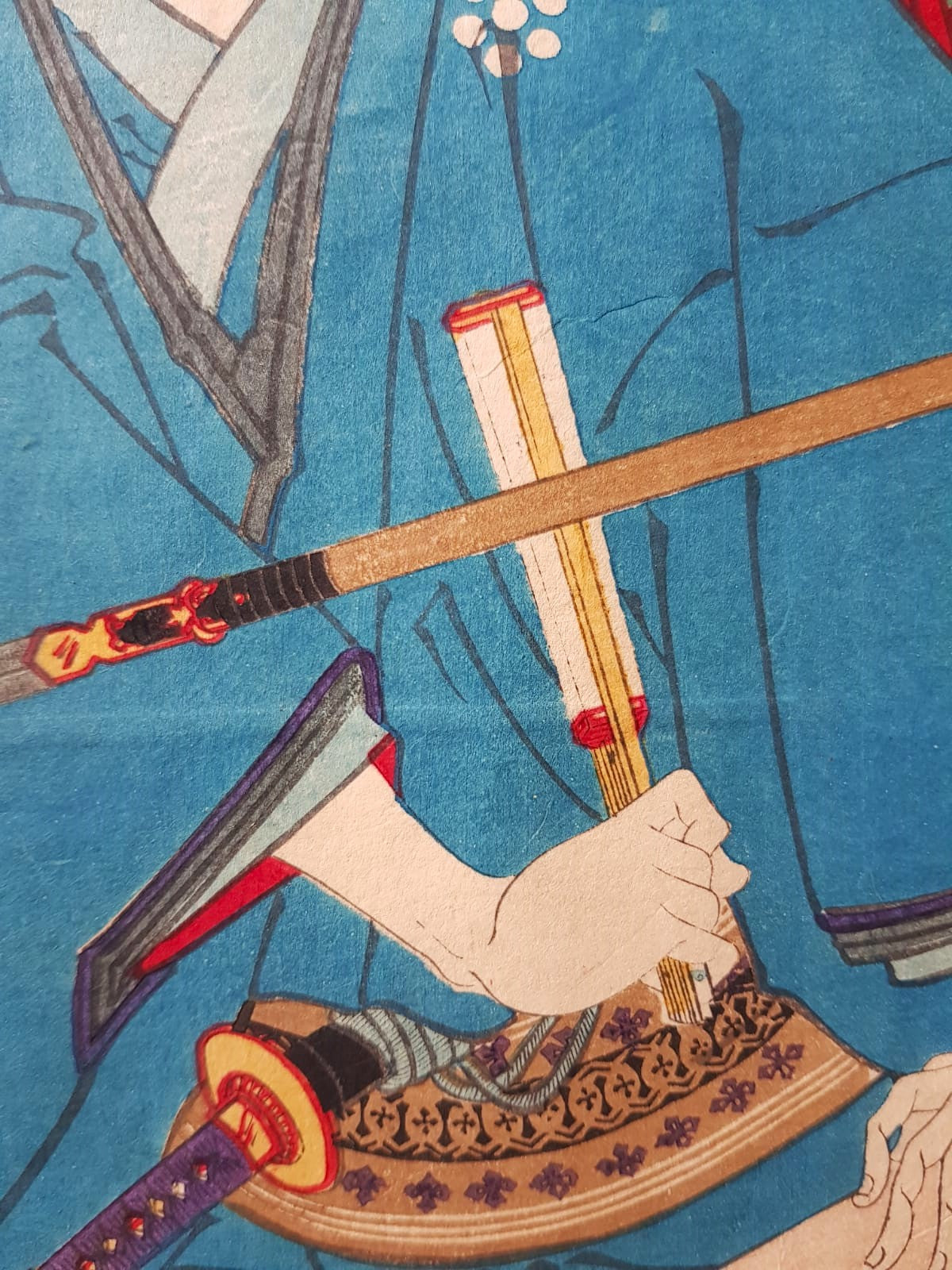 Toyohara Kunichika: Kabuki Play "New Kyogen Gion-machi Geishiya-no-ba" (1875) – Ukiyo-e Triptych, Woodblock, Meji Period