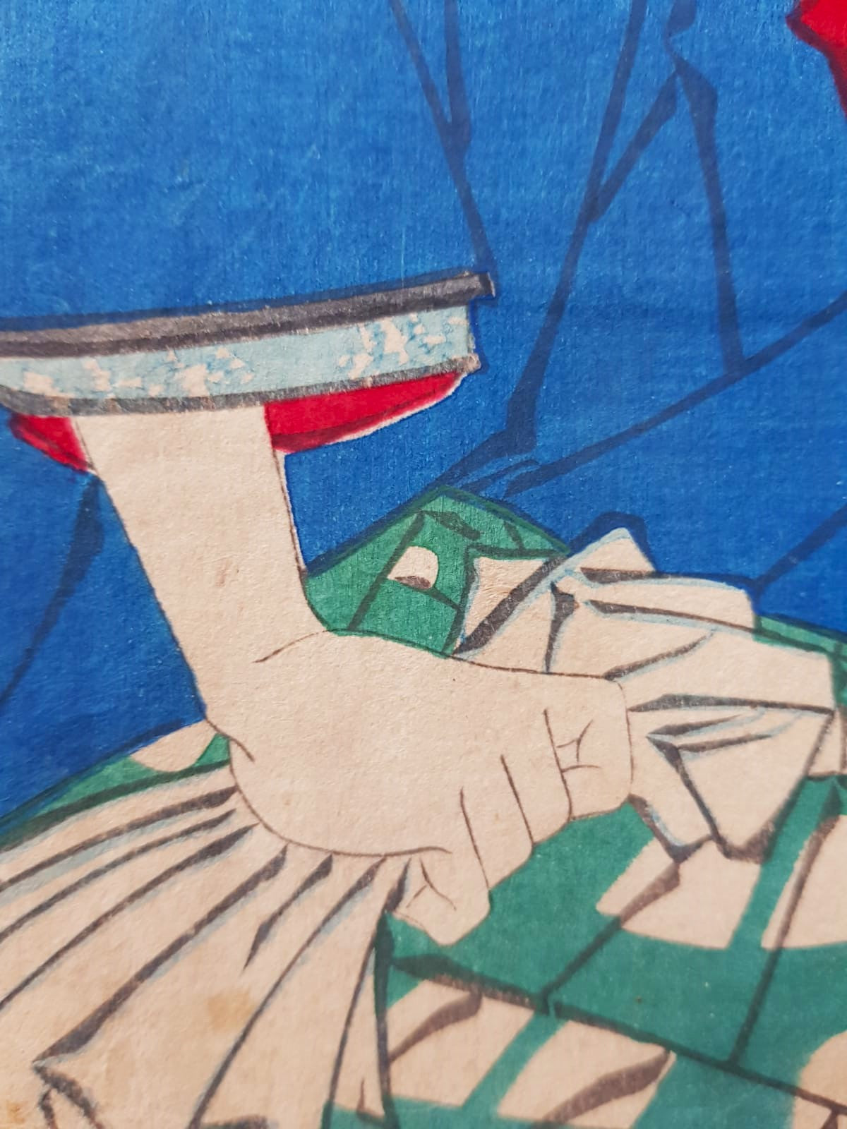 Toyohara Kunichika: Kabuki Play "New Kyogen Gion-machi Geishiya-no-ba" (1875) – Ukiyo-e Triptych, Woodblock, Meji Period