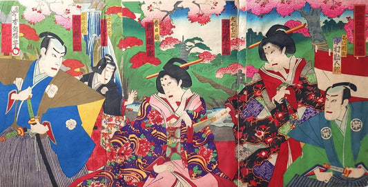 TOYOHARA KUNICHIKA (1835–1900) A Monumental Kabuki Ukiyo-e Triptych: A Scene of Dramatic Conflict beneath the blossoming trees, Japan, Meiji Period