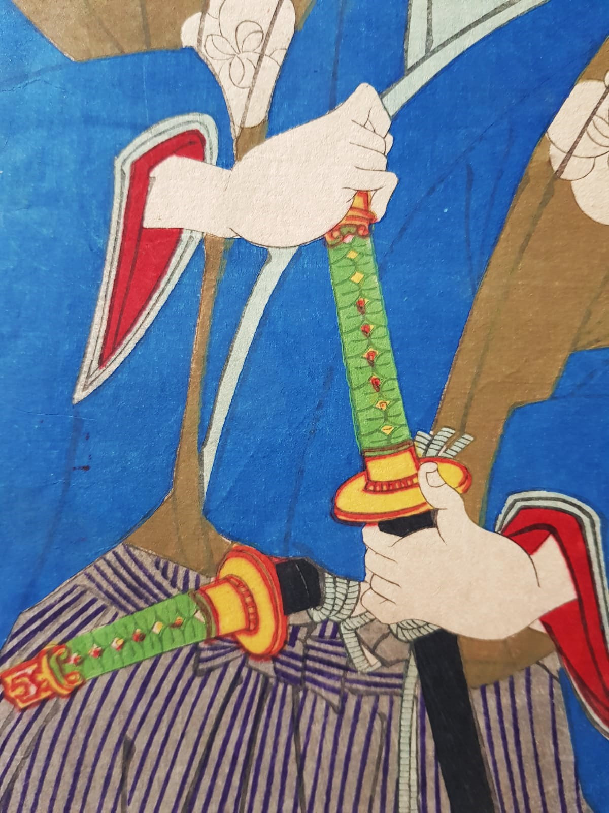 TOYOHARA KUNICHIKA (1835–1900) A Monumental Kabuki Ukiyo-e Triptych: A Scene of Dramatic Conflict beneath the blossoming trees, Japan, Meiji Period
