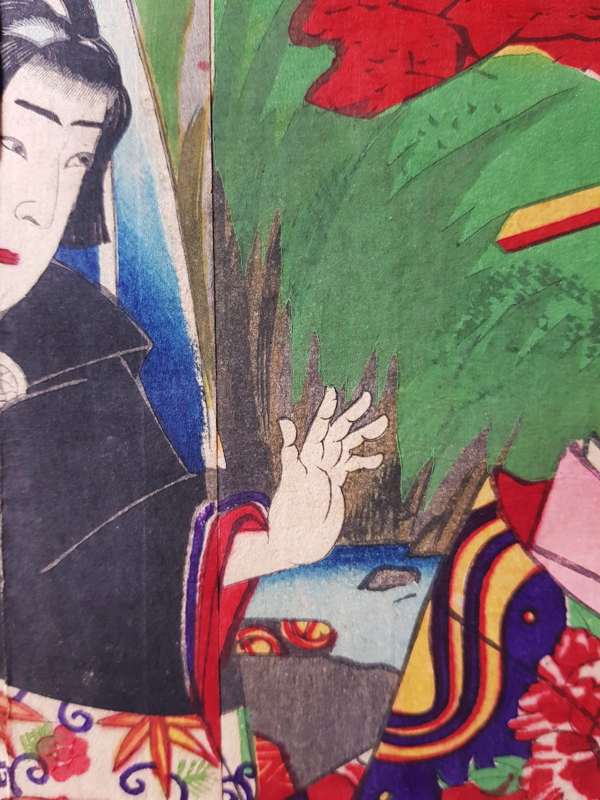 TOYOHARA KUNICHIKA (1835–1900) A Monumental Kabuki Ukiyo-e Triptych: A Scene of Dramatic Conflict beneath the blossoming trees, Japan, Meiji Period