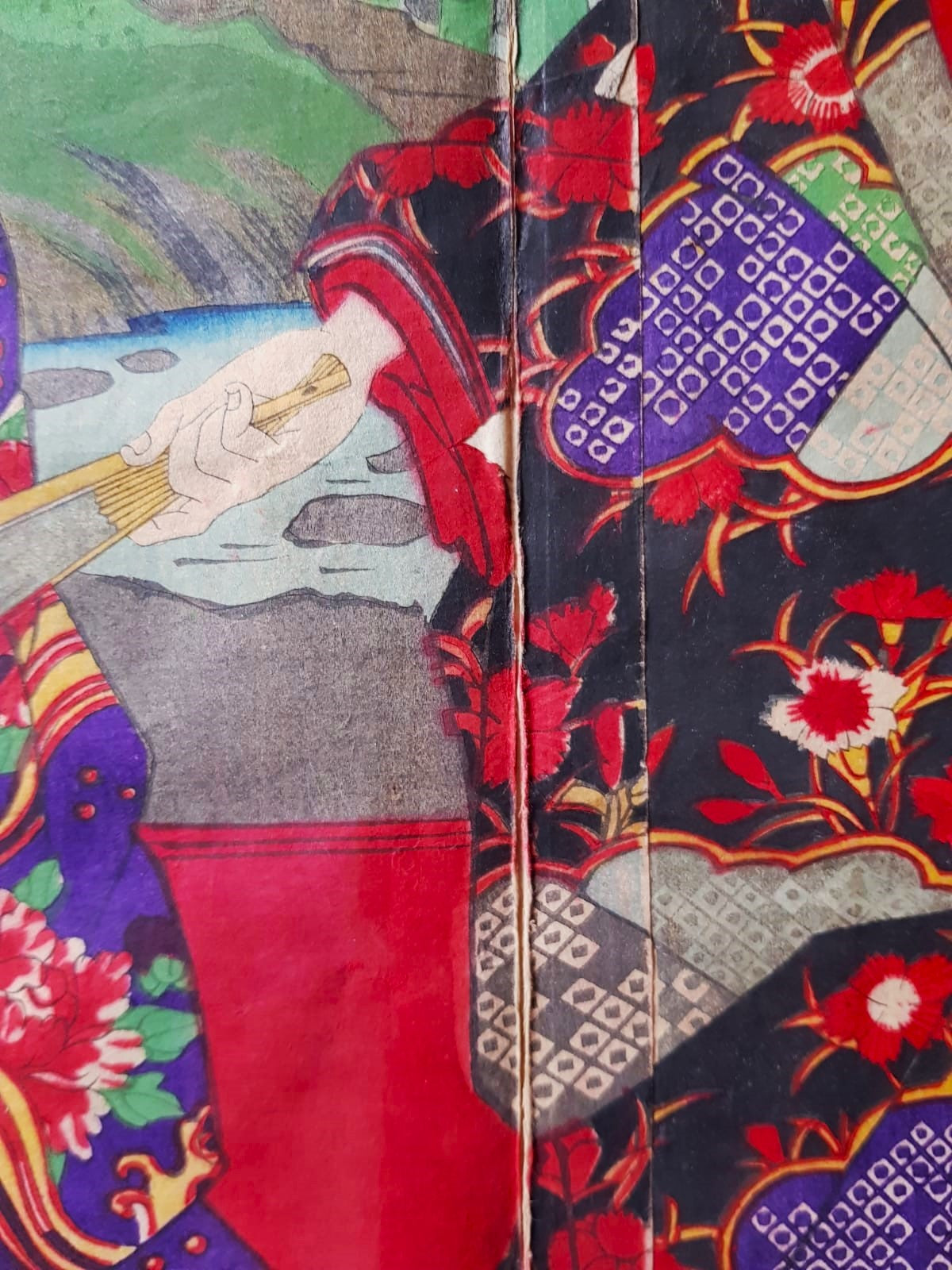 TOYOHARA KUNICHIKA (1835–1900) A Monumental Kabuki Ukiyo-e Triptych: A Scene of Dramatic Conflict beneath the blossoming trees, Japan, Meiji Period