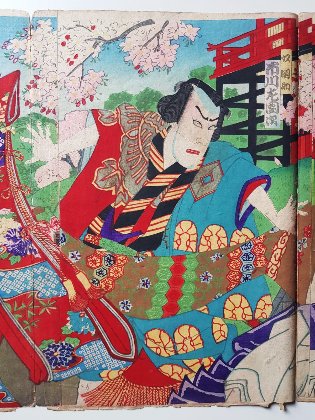 Original 19th Century Ukiyo-e Woodblock Print Triptych - Toyohara Kunichika - Kabuki Scene, Meiji Period
