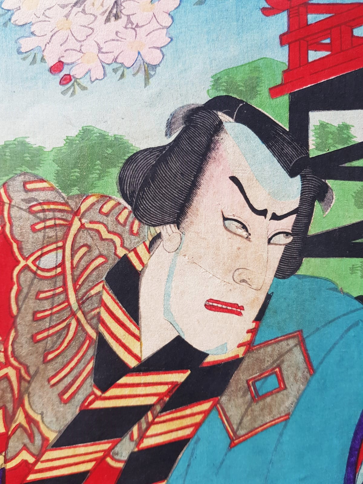 Original 19th Century Ukiyo-e Woodblock Print Triptych - Toyohara Kunichika - Kabuki Scene, Meiji Period