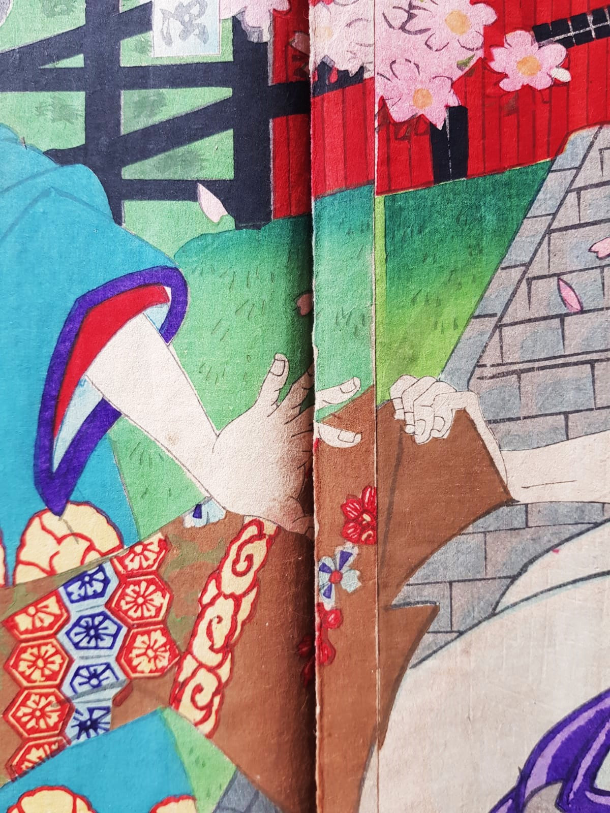 Original 19th Century Ukiyo-e Woodblock Print Triptych - Toyohara Kunichika - Kabuki Scene, Meiji Period