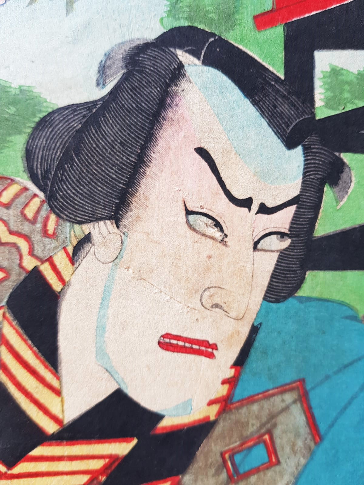 Original 19th Century Ukiyo-e Woodblock Print Triptych - Toyohara Kunichika - Kabuki Scene, Meiji Period