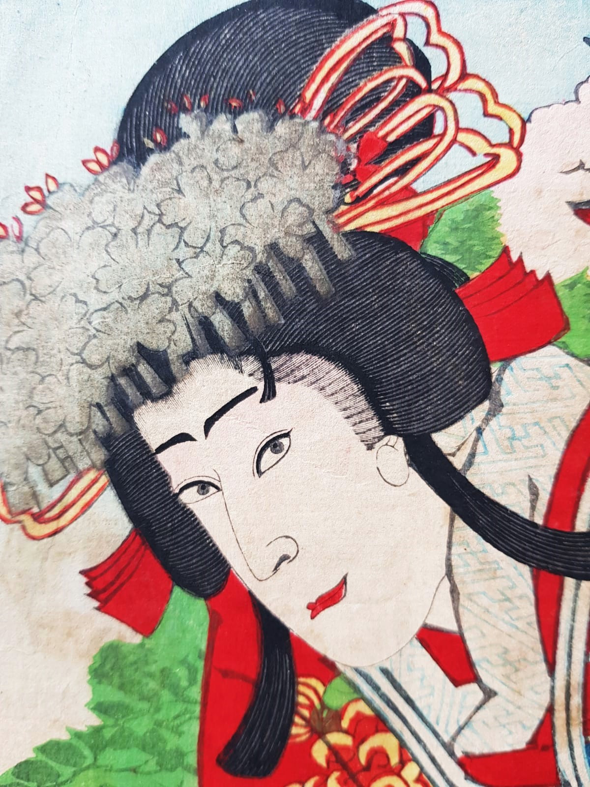Original 19th Century Ukiyo-e Woodblock Print Triptych - Toyohara Kunichika - Kabuki Scene, Meiji Period