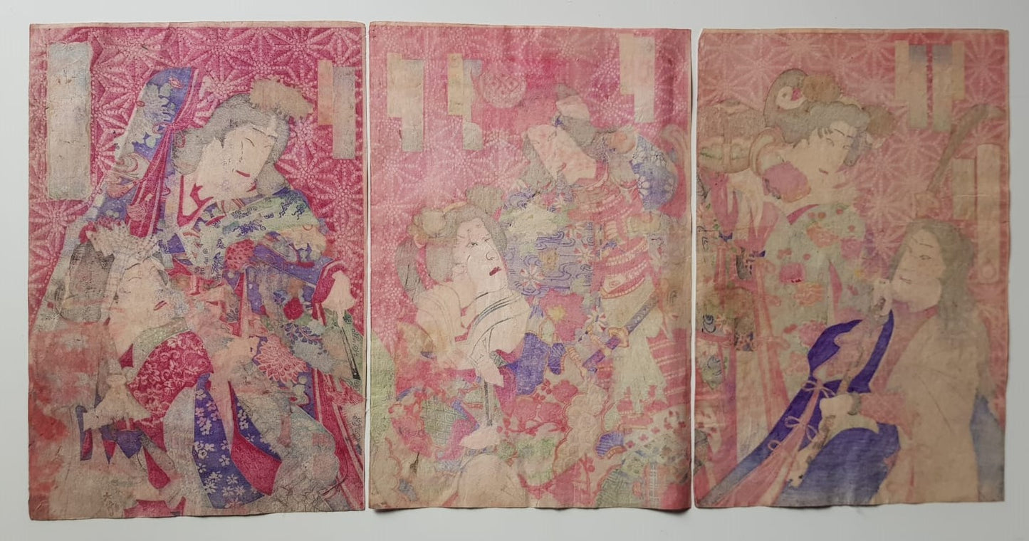 Toyohara Kunichika (1835–1900) - Parody of Six Brave Women Warriors, Triptych, Ukiyo-e 1884 Woodblock, Meji Period
