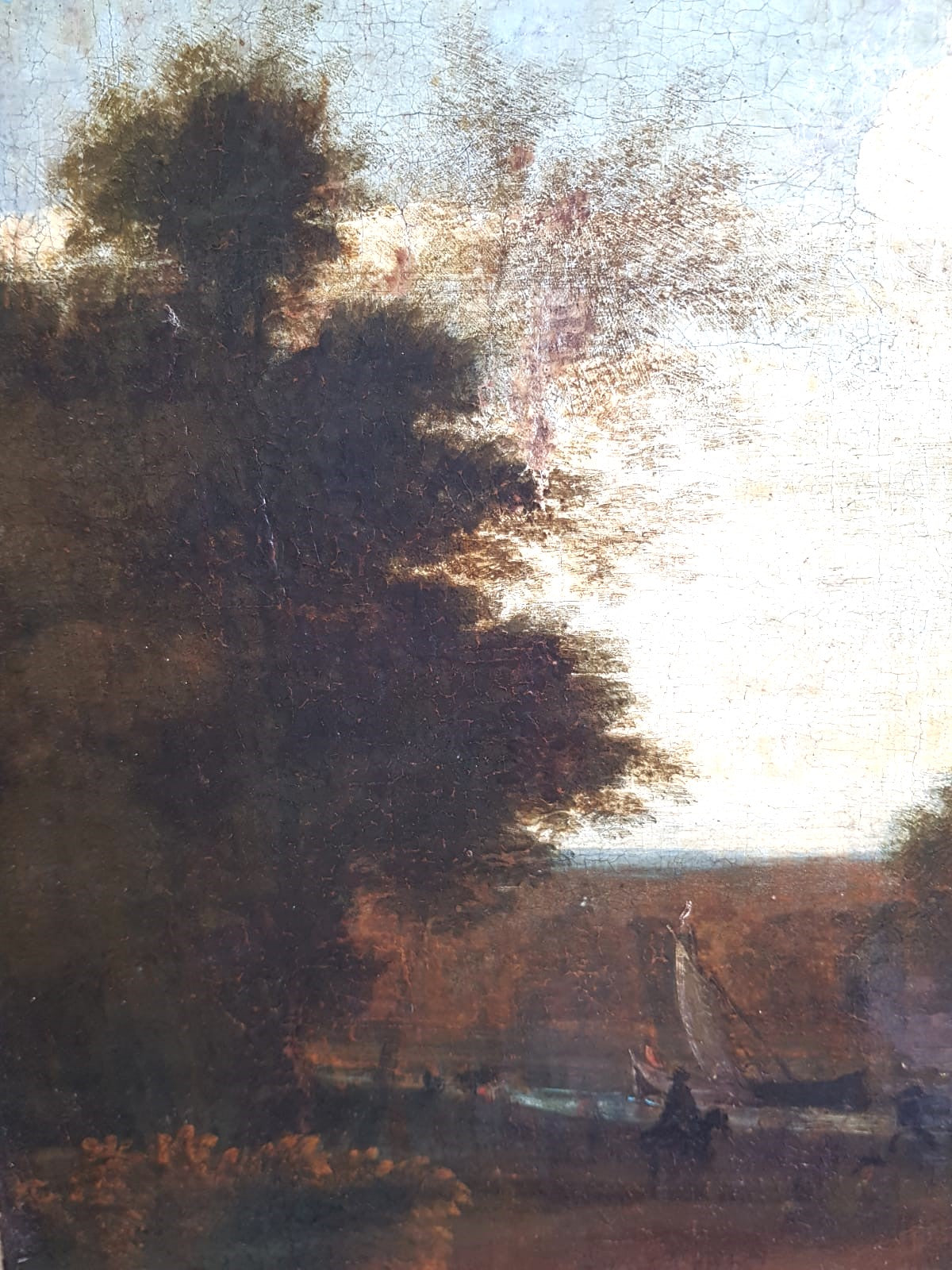 Antique Dutch Landscape Oil Painting: Village Inn at Sunset with Figures and Horses, 18th Century