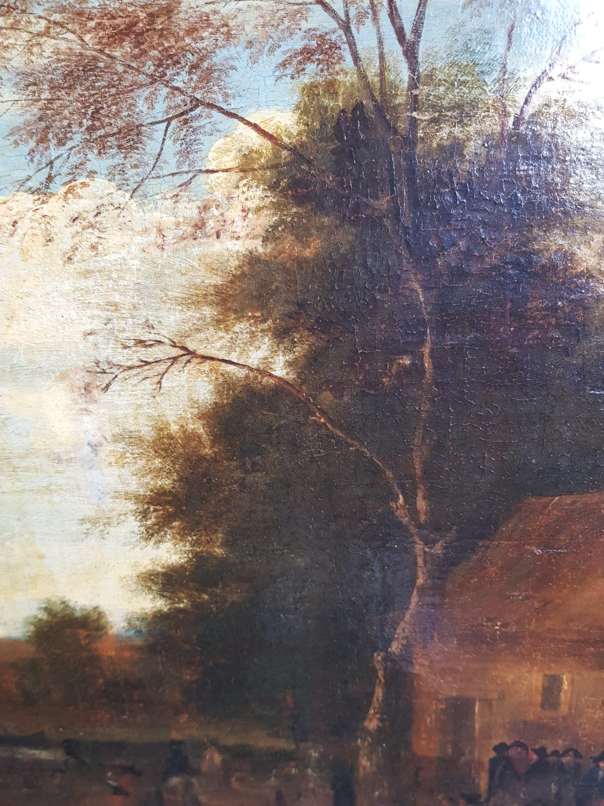 Antique Dutch Landscape Oil Painting: Village Inn at Sunset with Figures and Horses, 18th Century