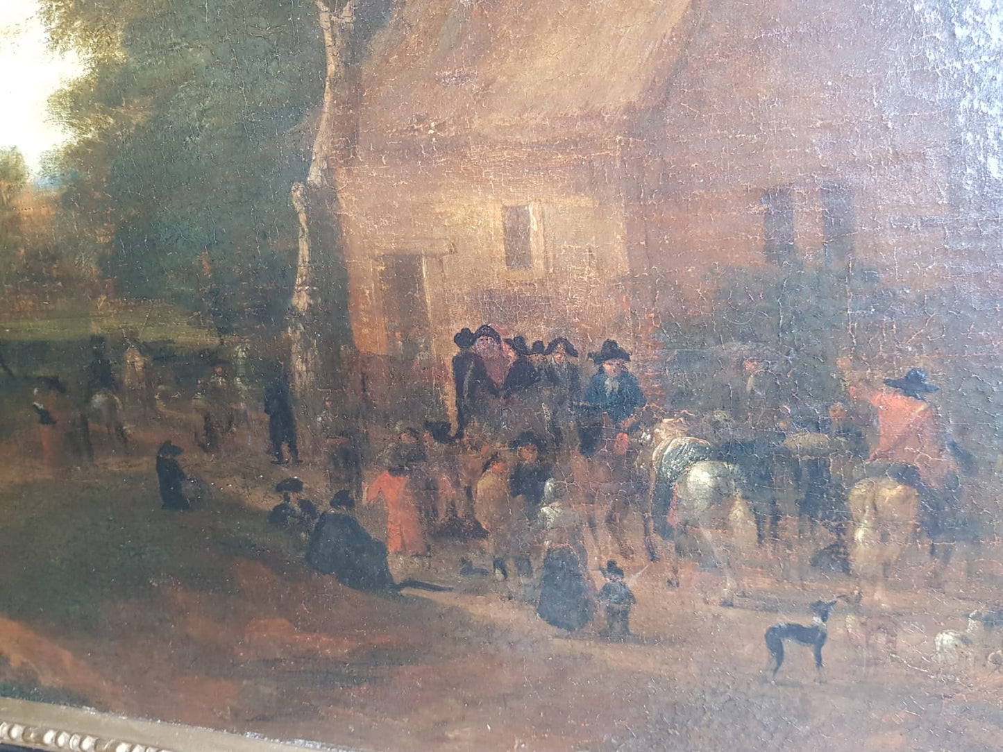 Antique Dutch Landscape Oil Painting: Village Inn at Sunset with Figures and Horses, 18th Century