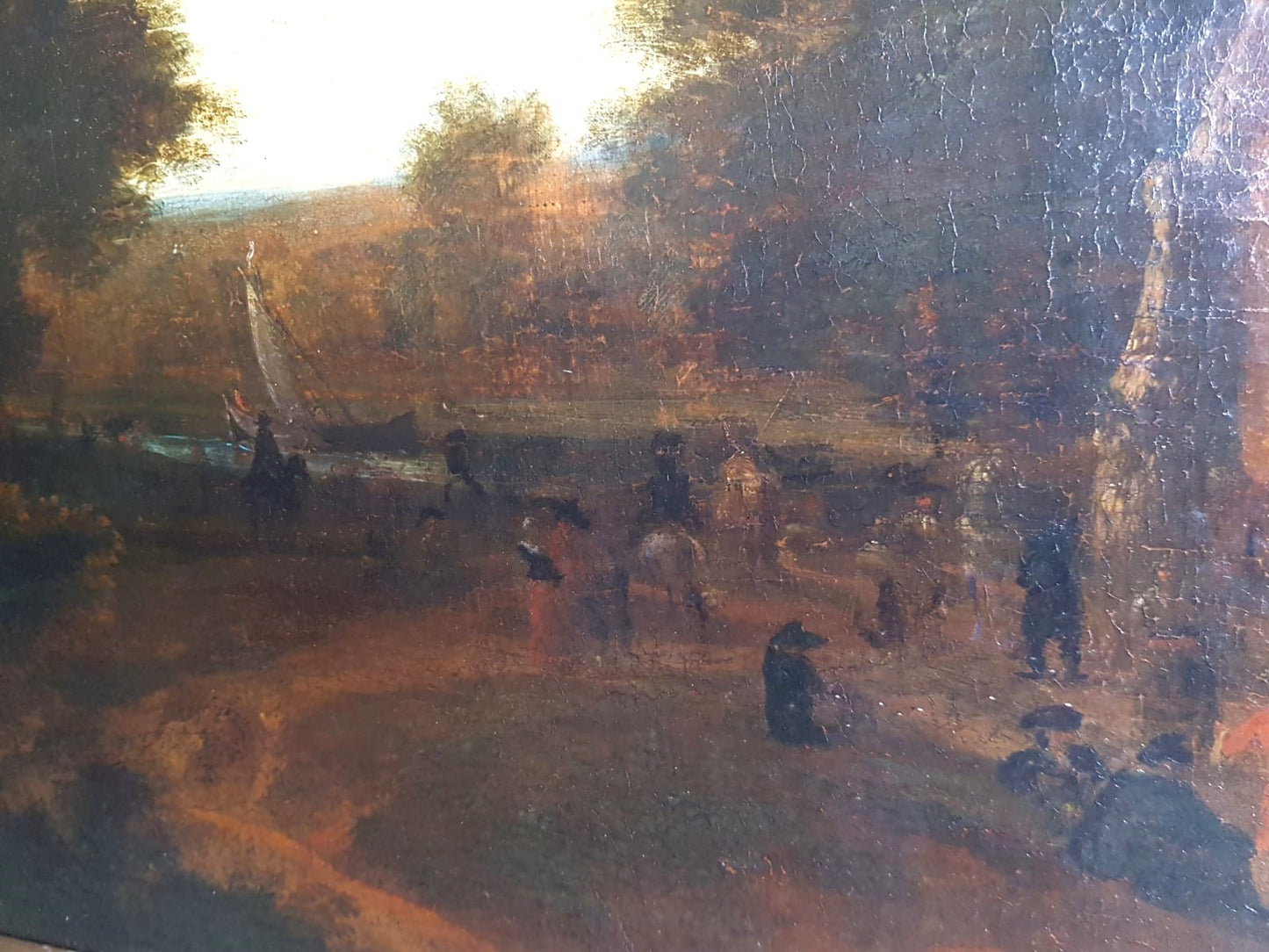 Antique Dutch Landscape Oil Painting: Village Inn at Sunset with Figures and Horses, 18th Century