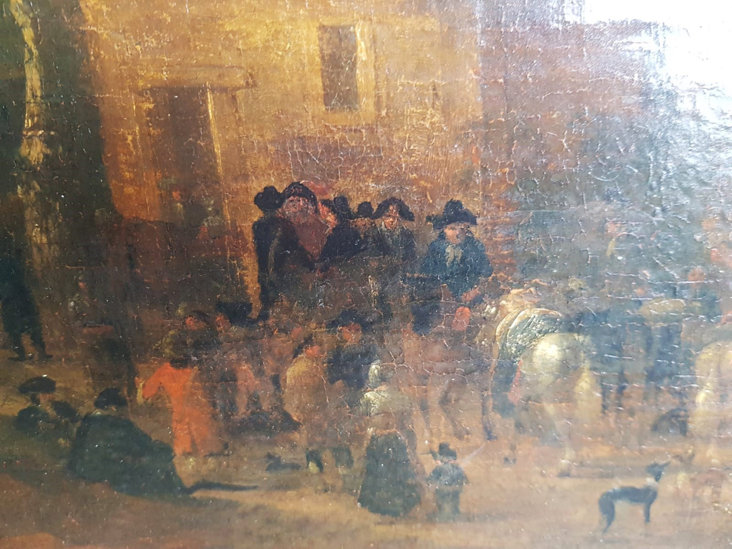 Antique Dutch Landscape Oil Painting: Village Inn at Sunset with Figures and Horses, 18th Century