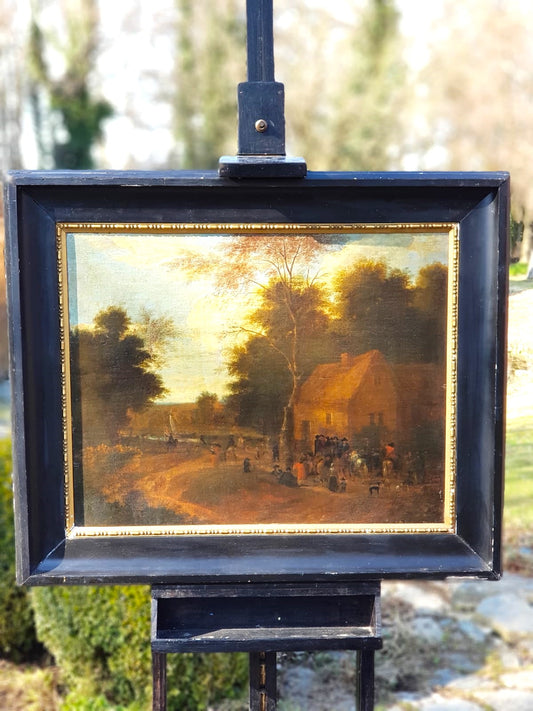 Antique Dutch Landscape Oil Painting: Village Inn at Sunset with Figures and Horses, 18th Century