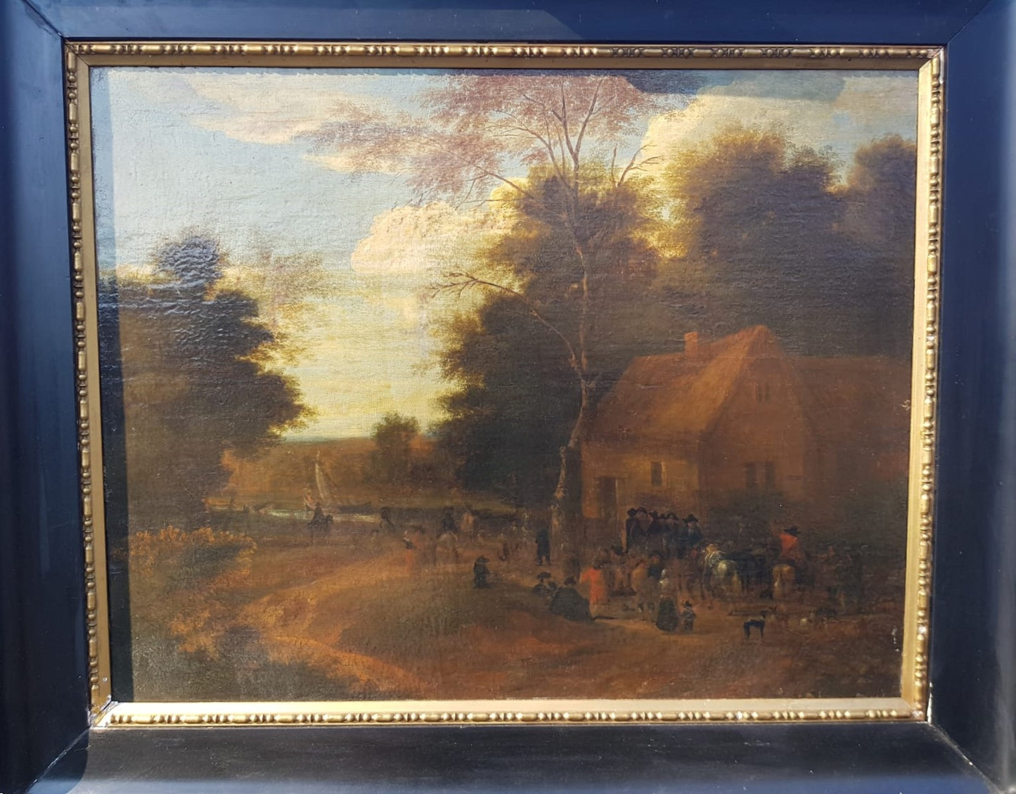 Antique Dutch Landscape Oil Painting: Village Inn at Sunset with Figures and Horses, 18th Century