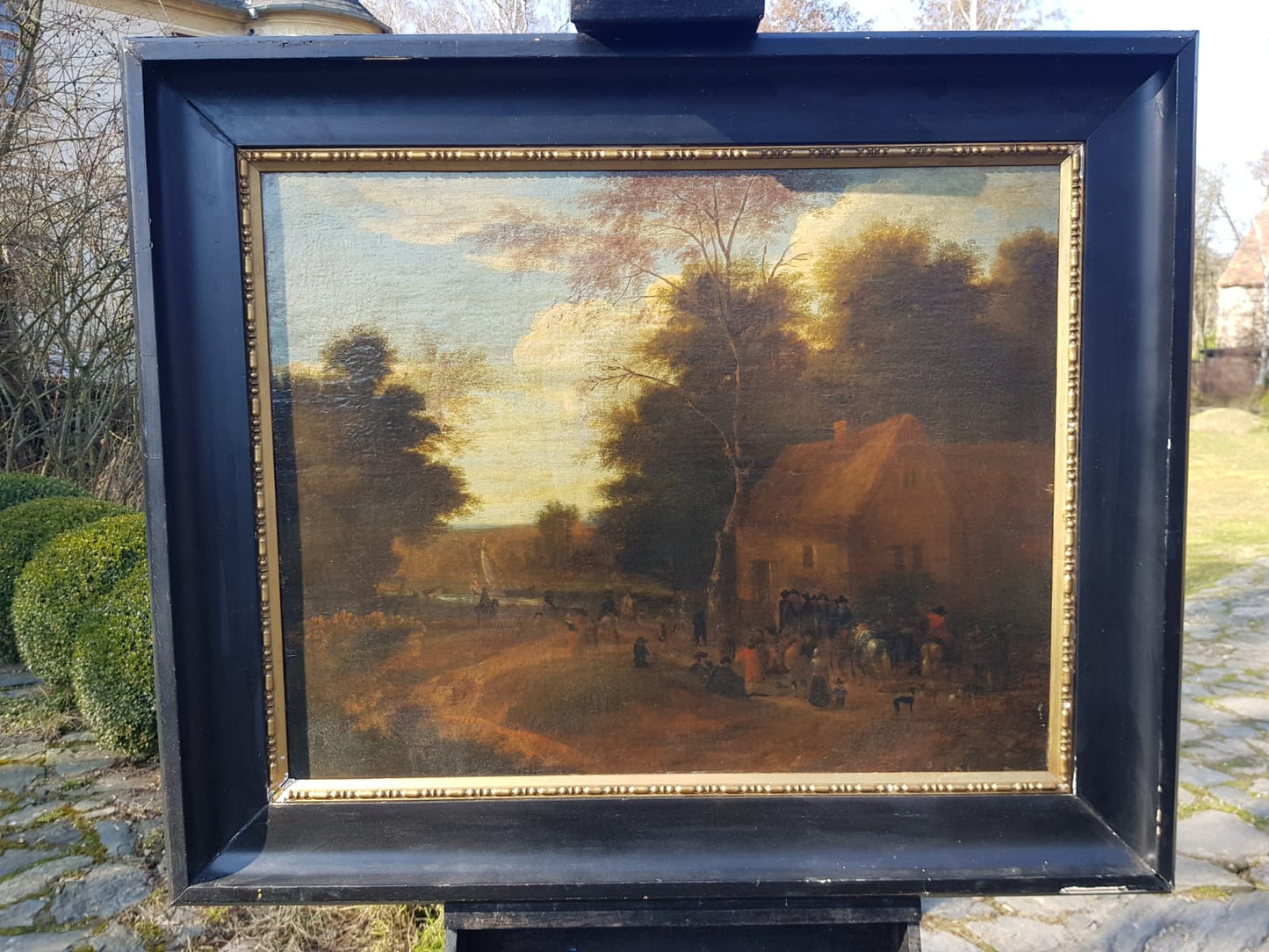 Antique Dutch Landscape Oil Painting: Village Inn at Sunset with Figures and Horses, 18th Century