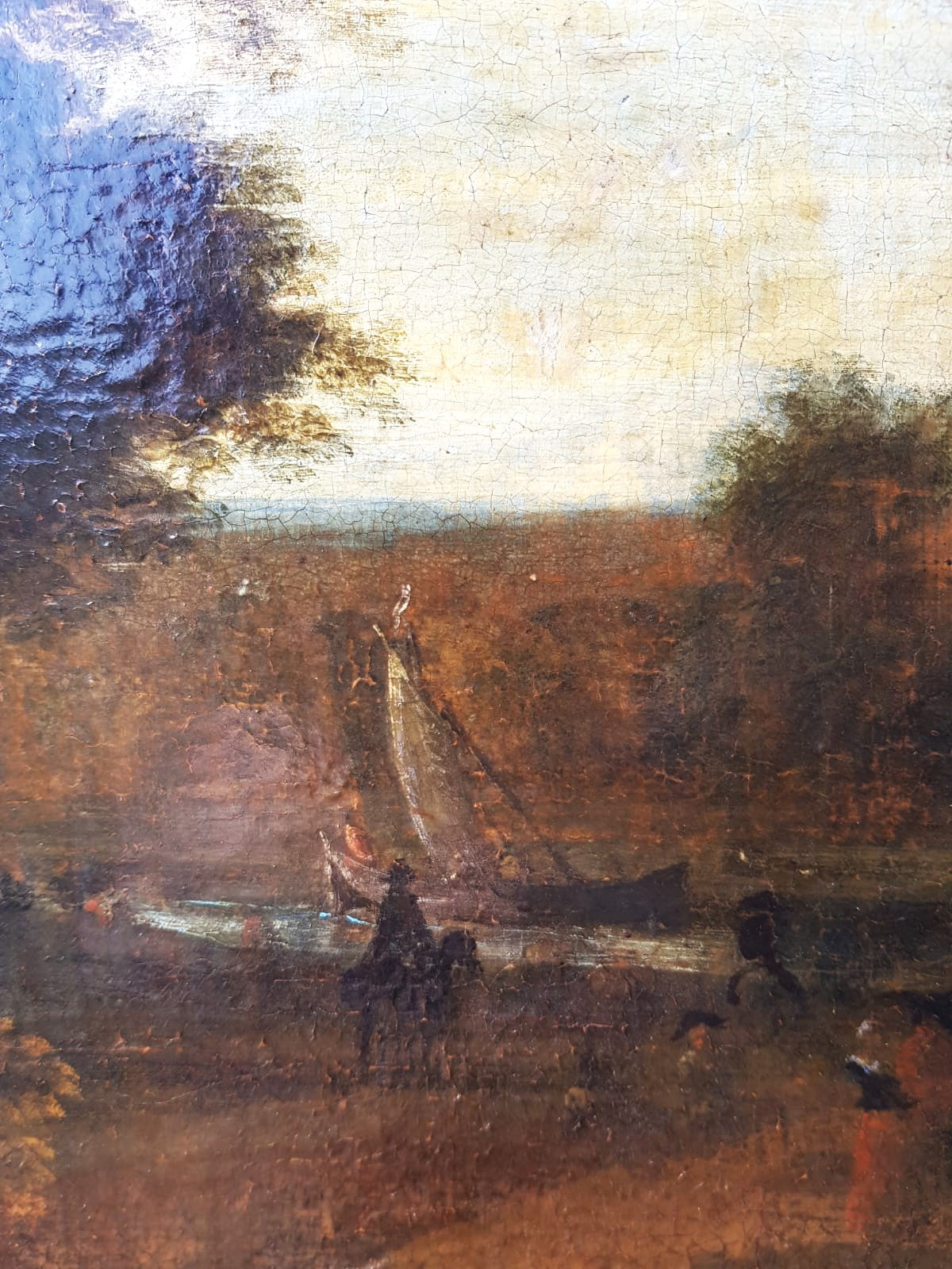 Antique Dutch Landscape Oil Painting: Village Inn at Sunset with Figures and Horses, 18th Century