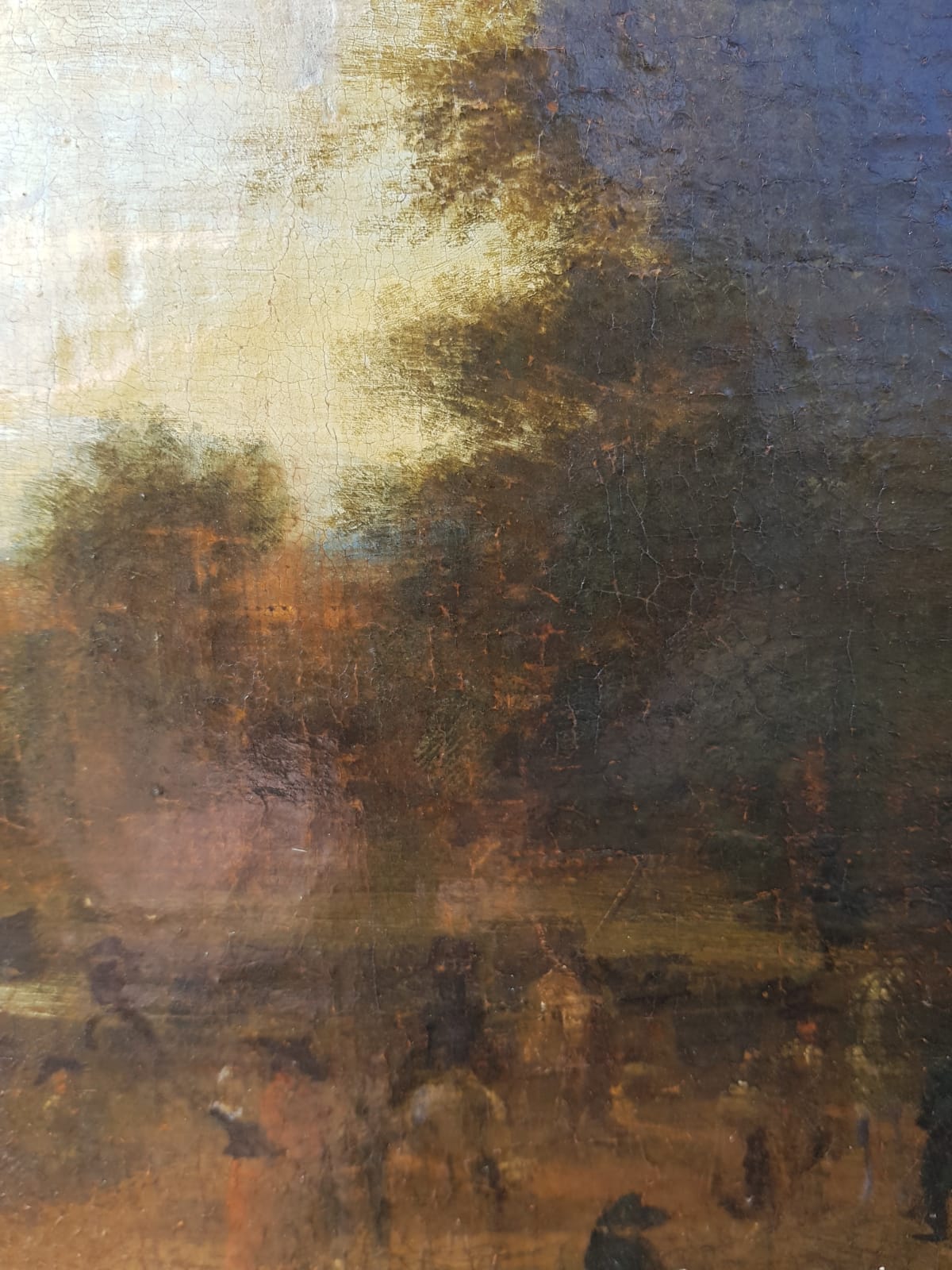 Antique Dutch Landscape Oil Painting: Village Inn at Sunset with Figures and Horses, 18th Century