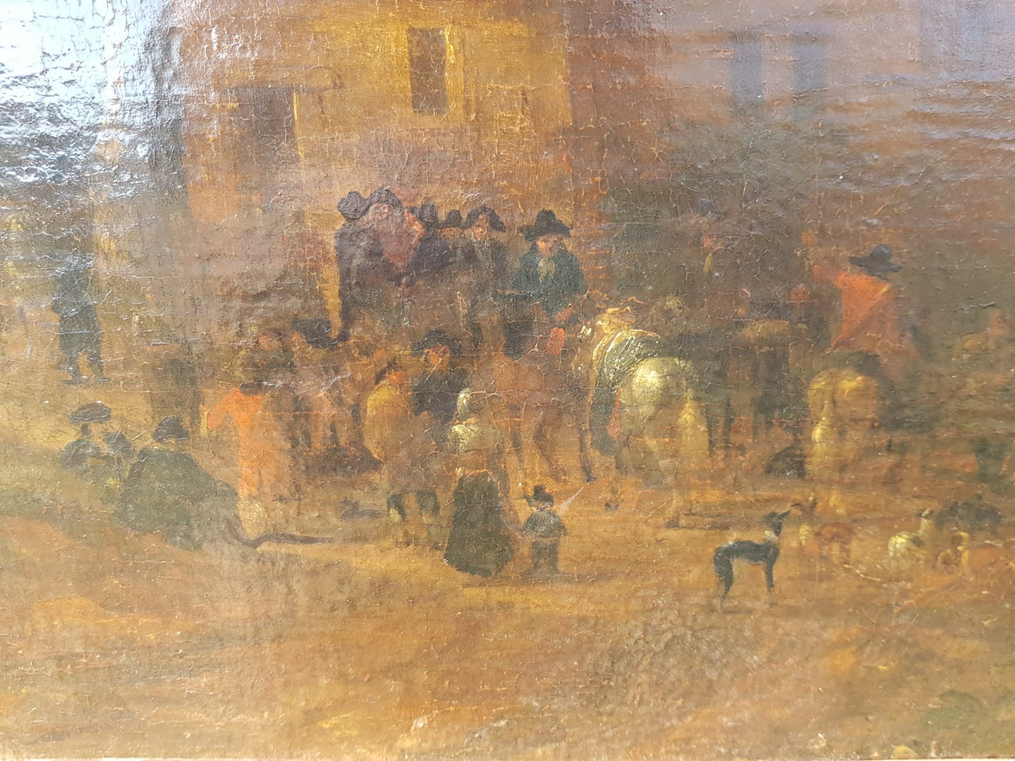 Antique Dutch Landscape Oil Painting: Village Inn at Sunset with Figures and Horses, 18th Century