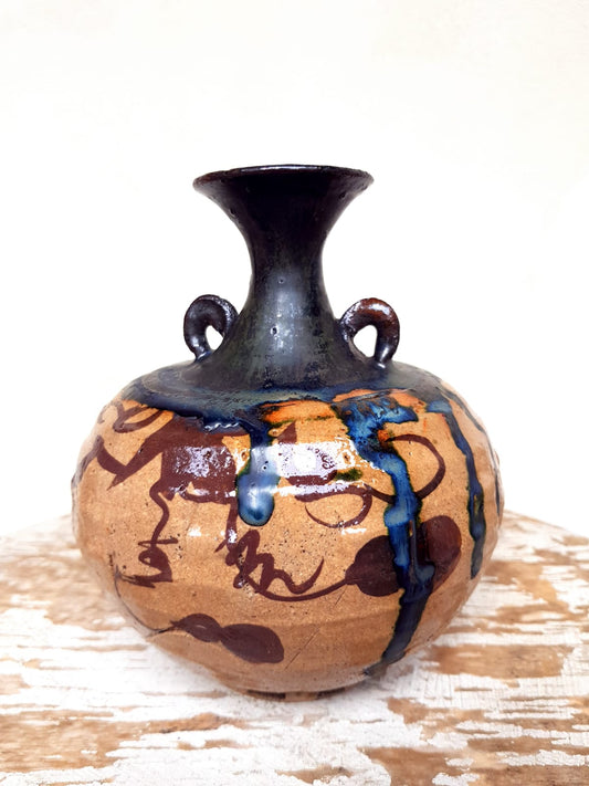 Vintage Japanese Mashiko Mingei Studio Pottery Vase, Cobalt Blue Drip Glaze, 20th Century